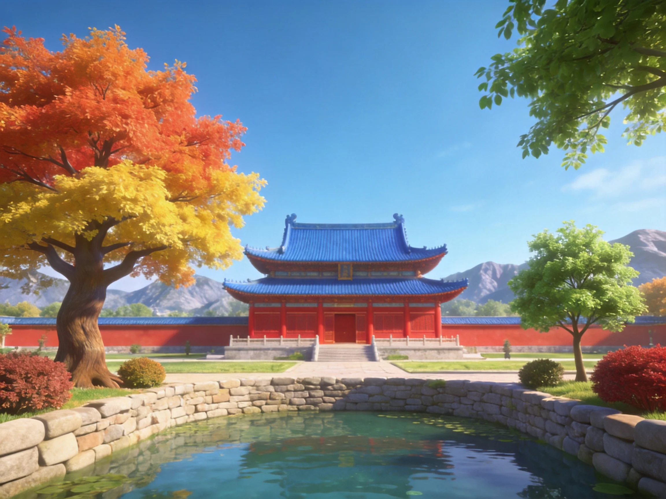 A traditional temple with blue roof, red walls, and autumn trees