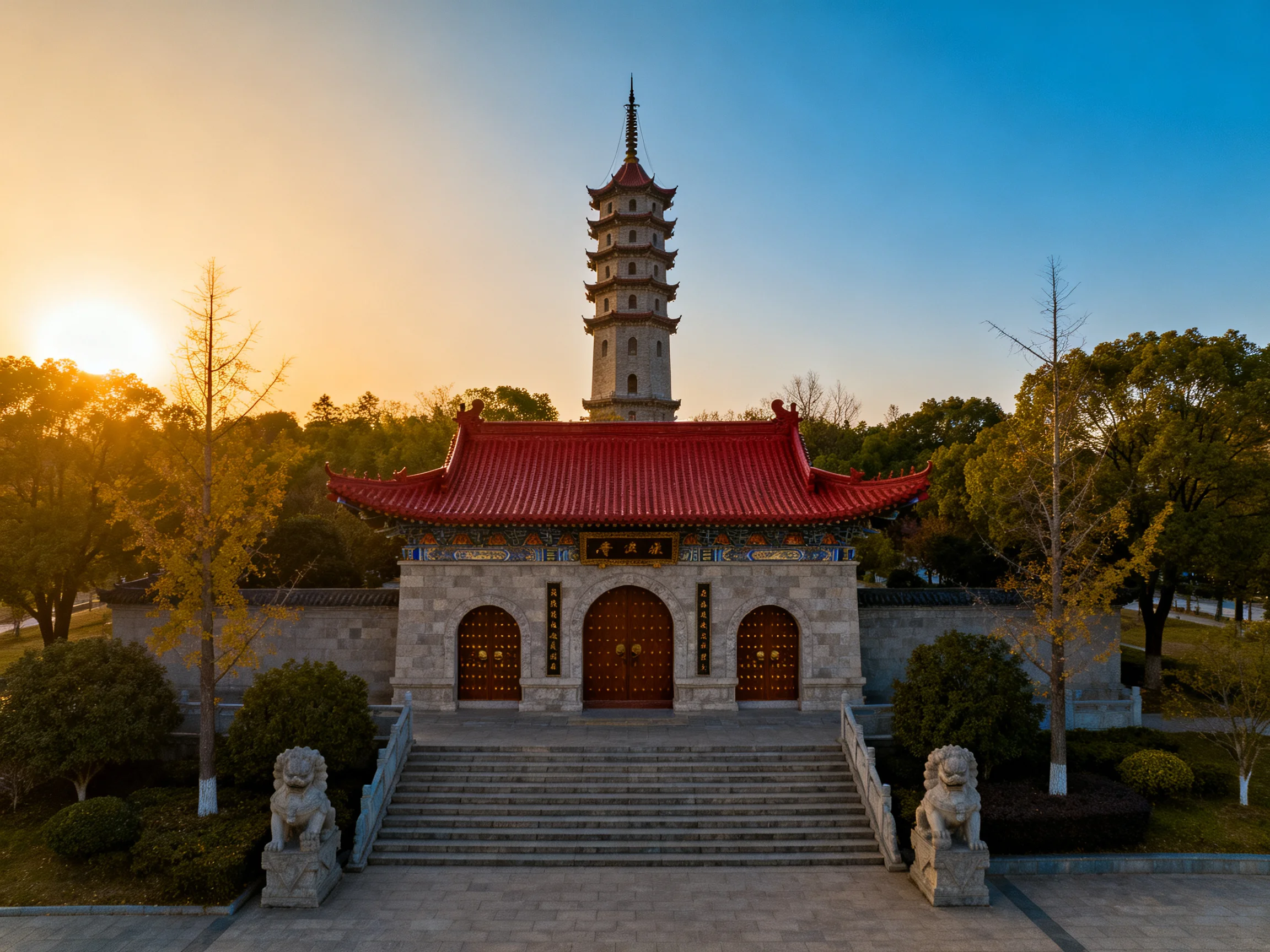 A traditional temple with red roof and stone tower at sunset