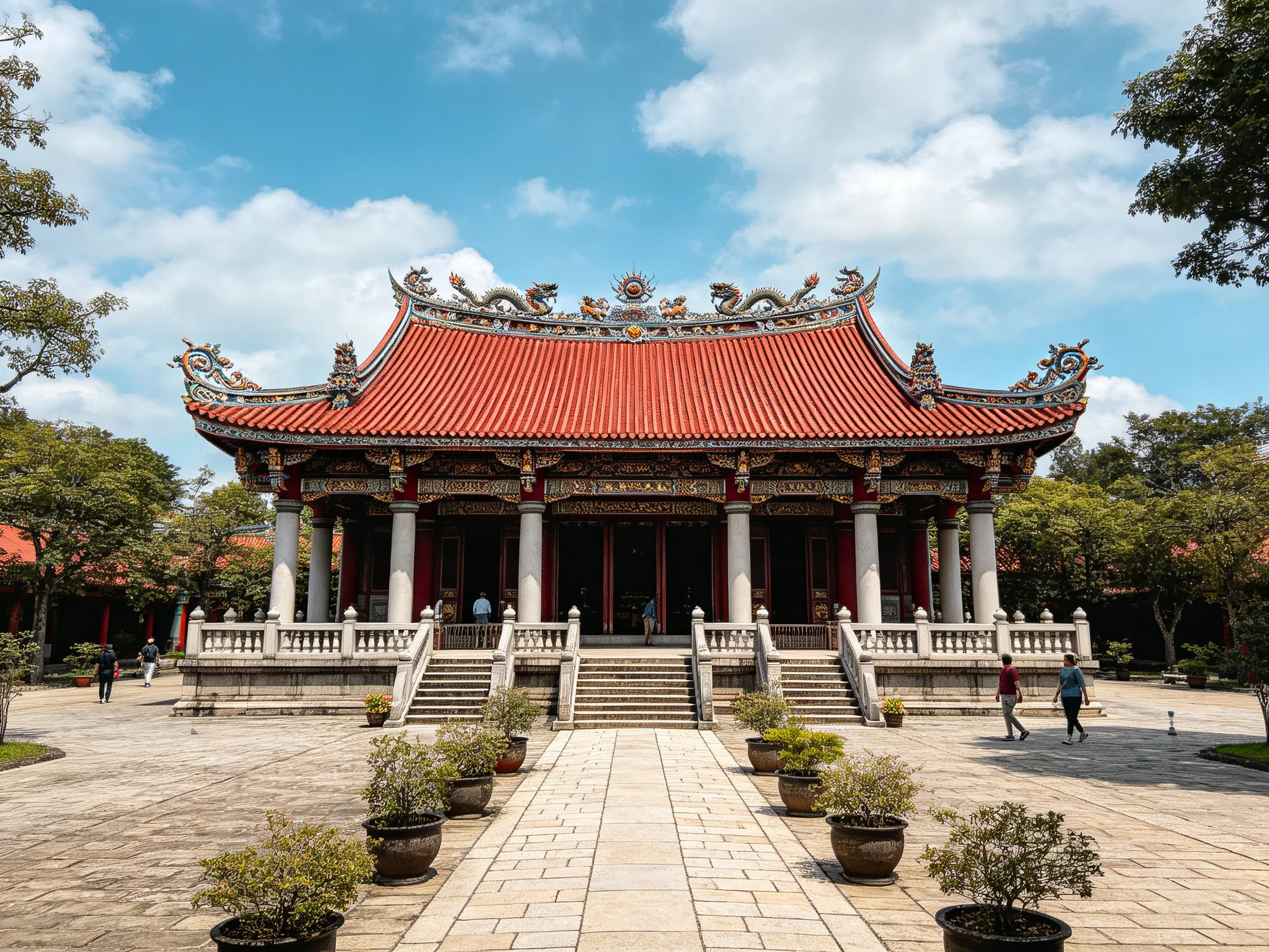 A traditional temple with red tiled roof in a spacious courtyard