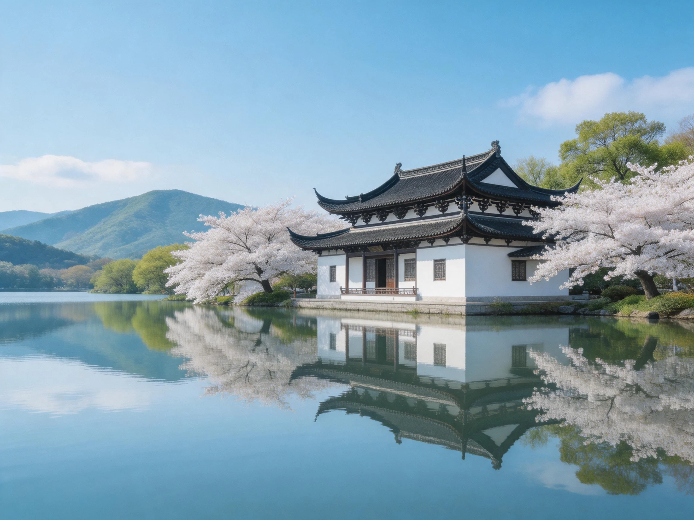 A traditional white pavilion beside blooming cherry trees over calm water