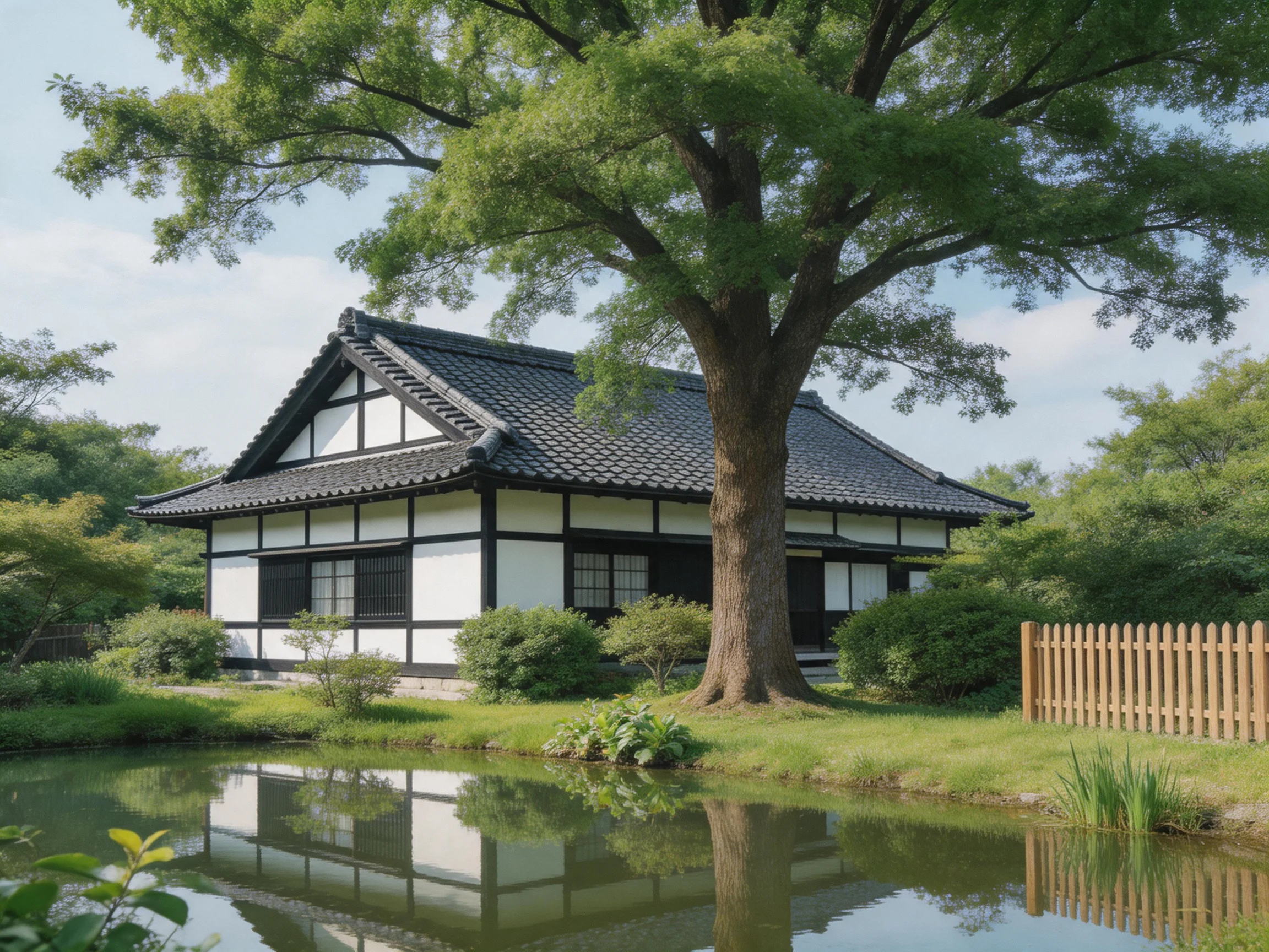 A traditional white wooden house with black roof near large green tree by calm pond