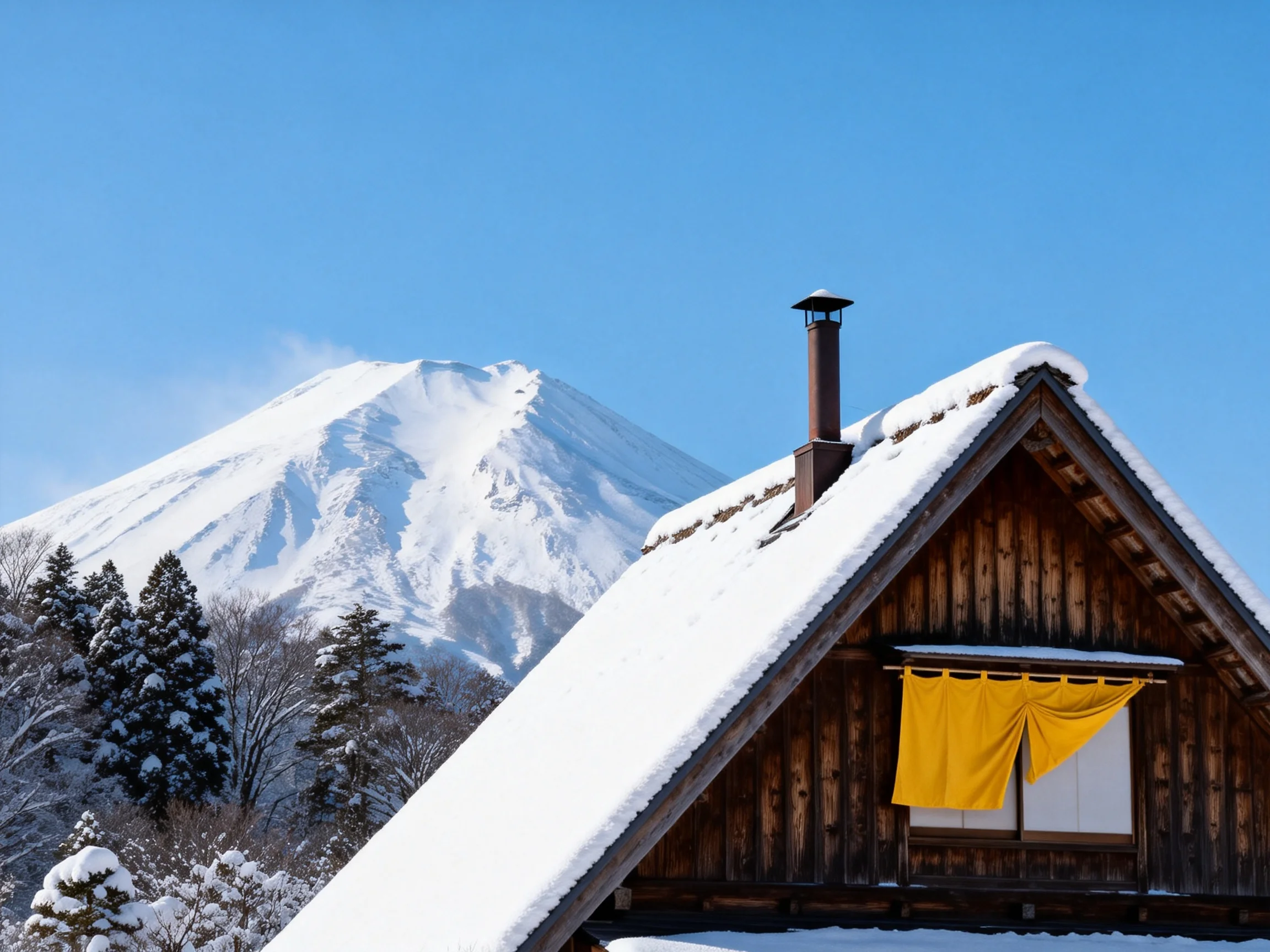 A traditional wooden cabin with a bright yellow curtain near a snow - capped mountain