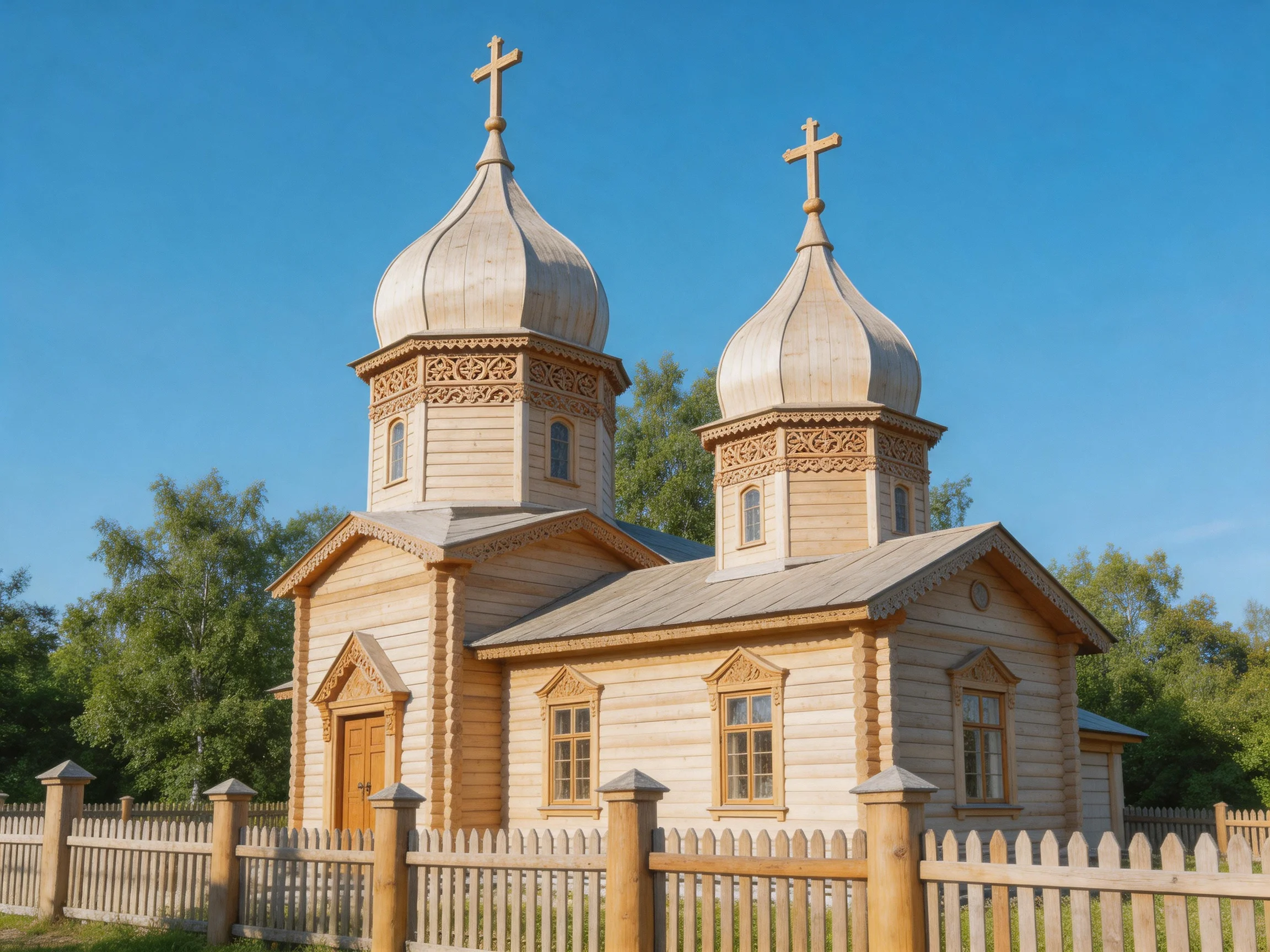 A traditional wooden church with two domed towers and ornate crosses