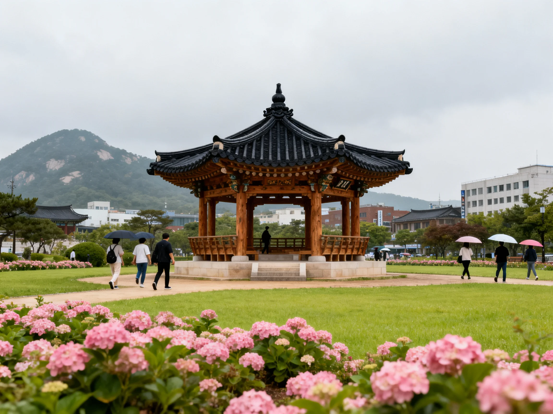 A traditional wooden gazebo surrounded by blooming pink hydrangeas and misty mountains