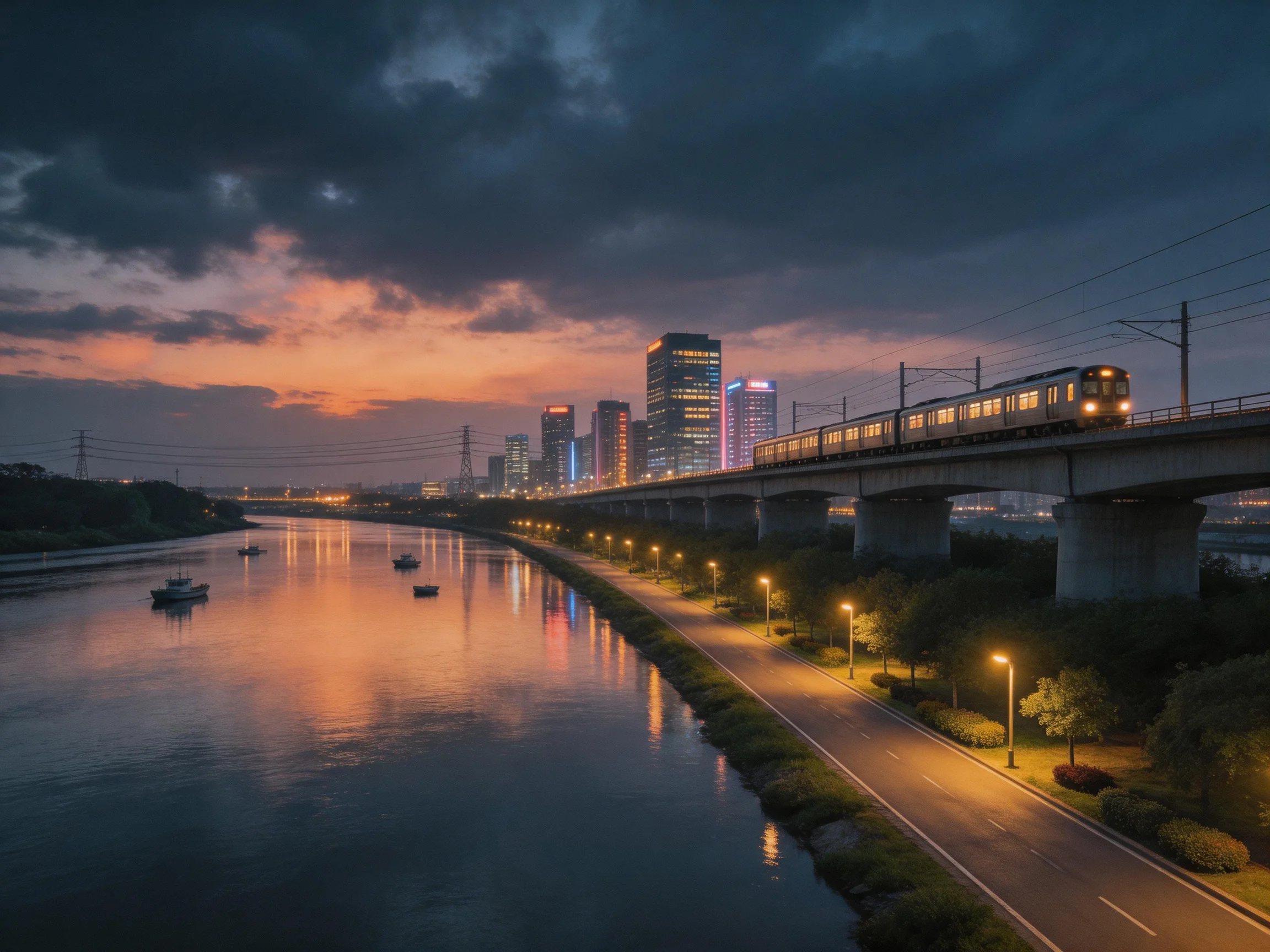 A train crosses an elevated bridge over a calm river at dusk