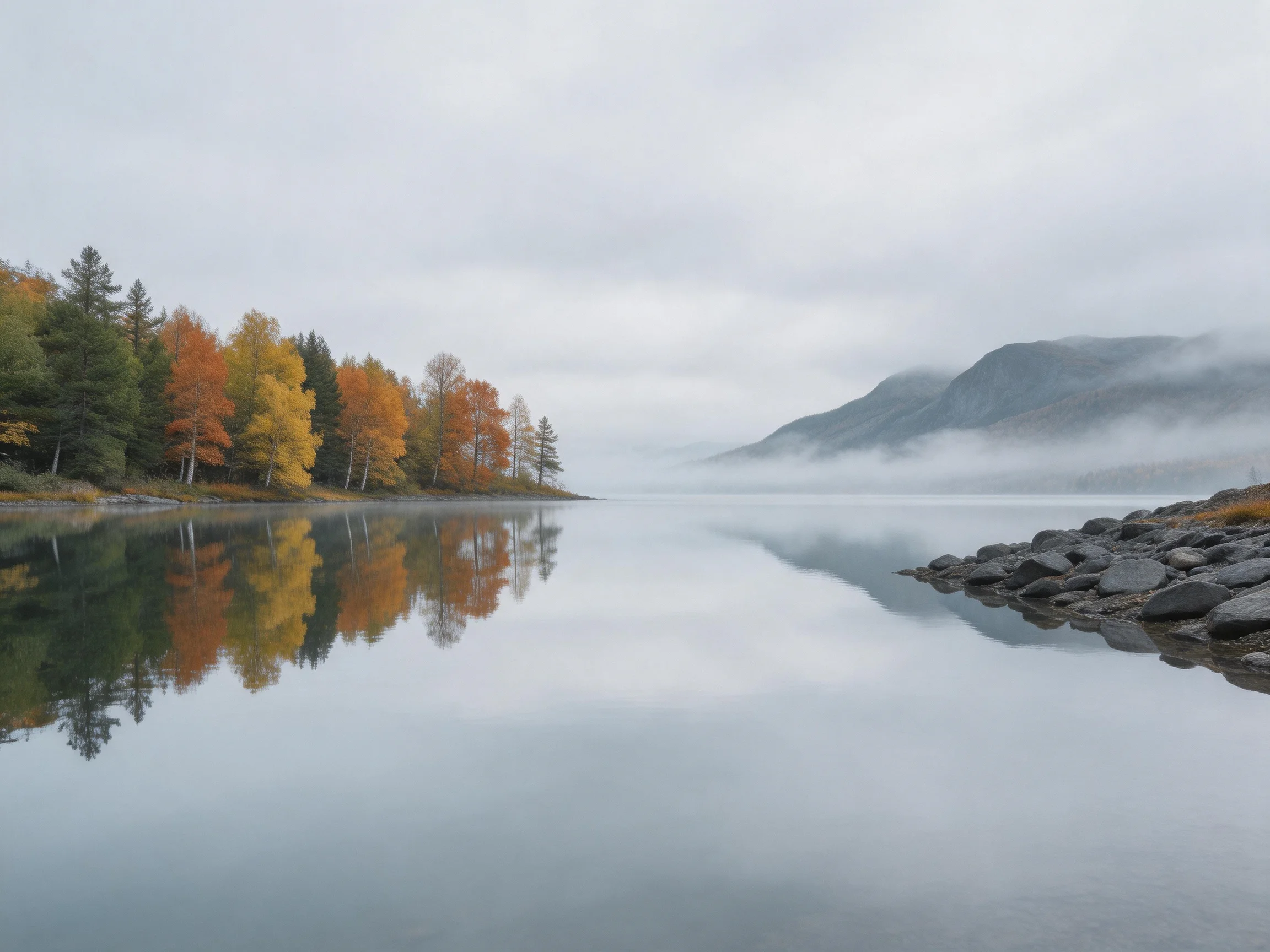 A tranquil lake reflects autumn-colored trees and mist-shrouded mountains.