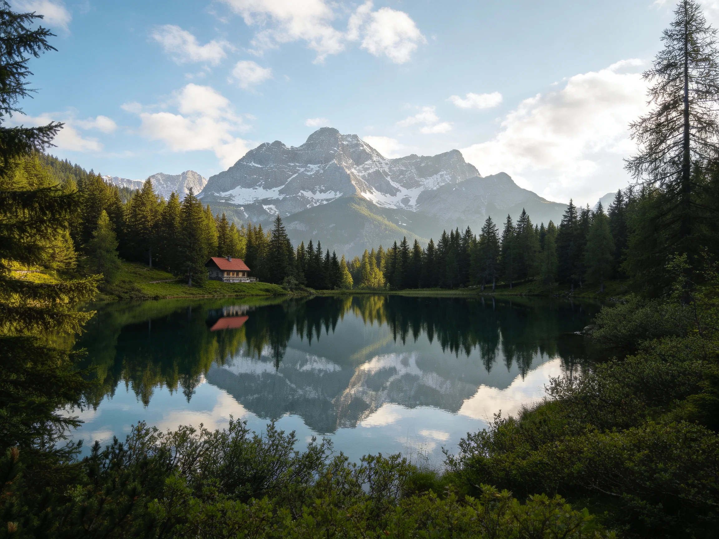 A tranquil lake reflects snow-capped mountains and a red-roofed cabin near dense forests.