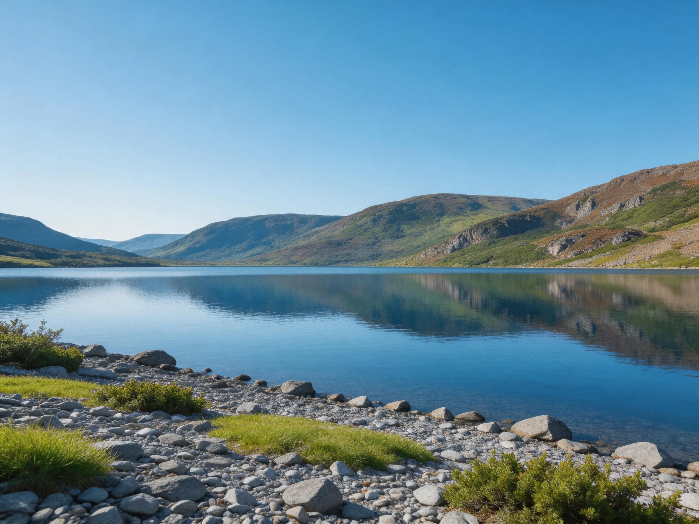 A tranquil lake surrounded by rolling green hills under a clear blue sky