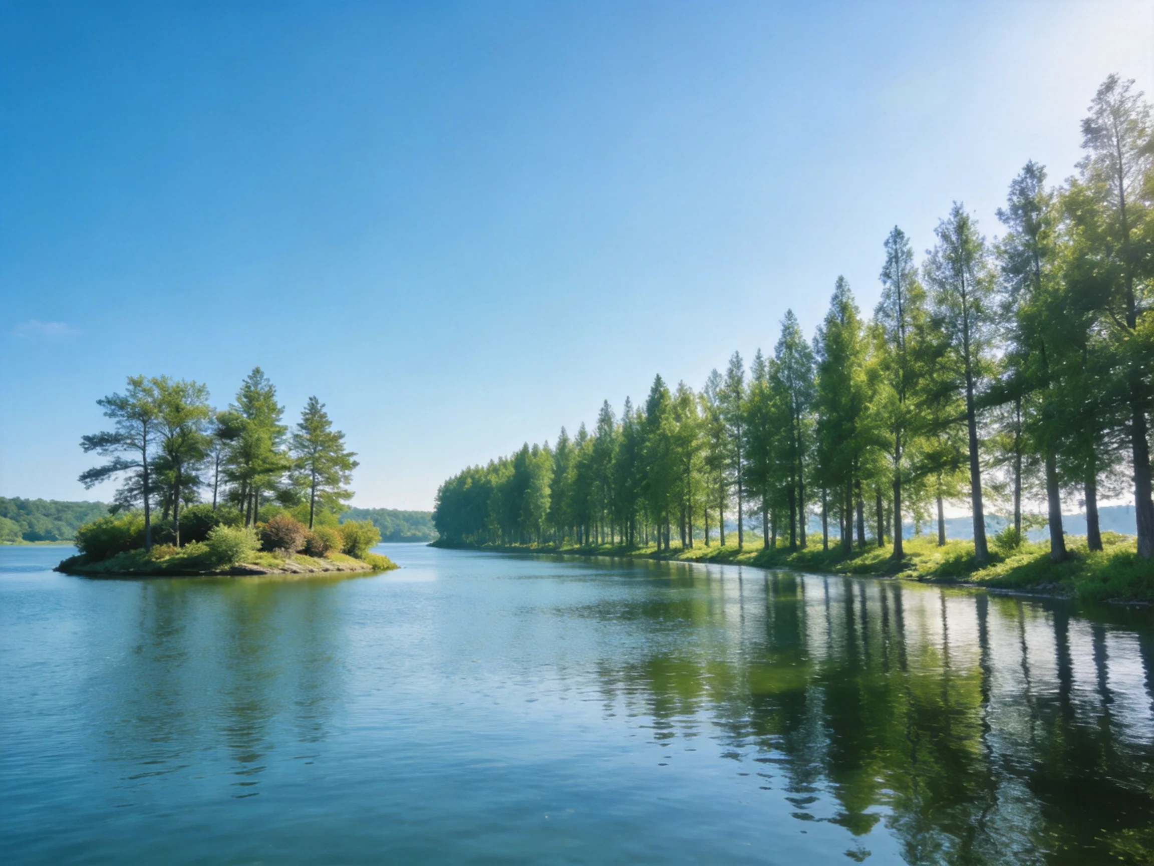 A tranquil lake with a tree-island and dense forest shoreline