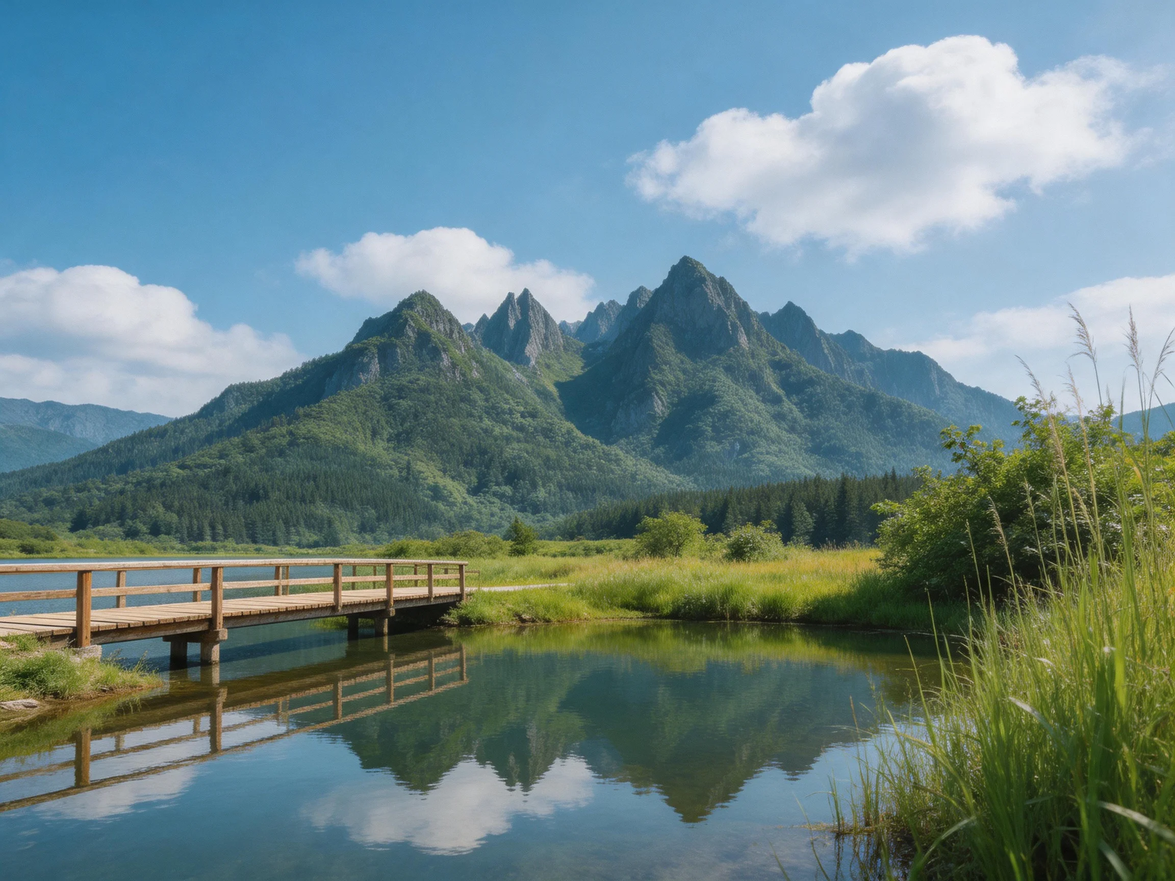 A tranquil lakeside scene with a wooden bridge, lush green mountains, and clear blue sky