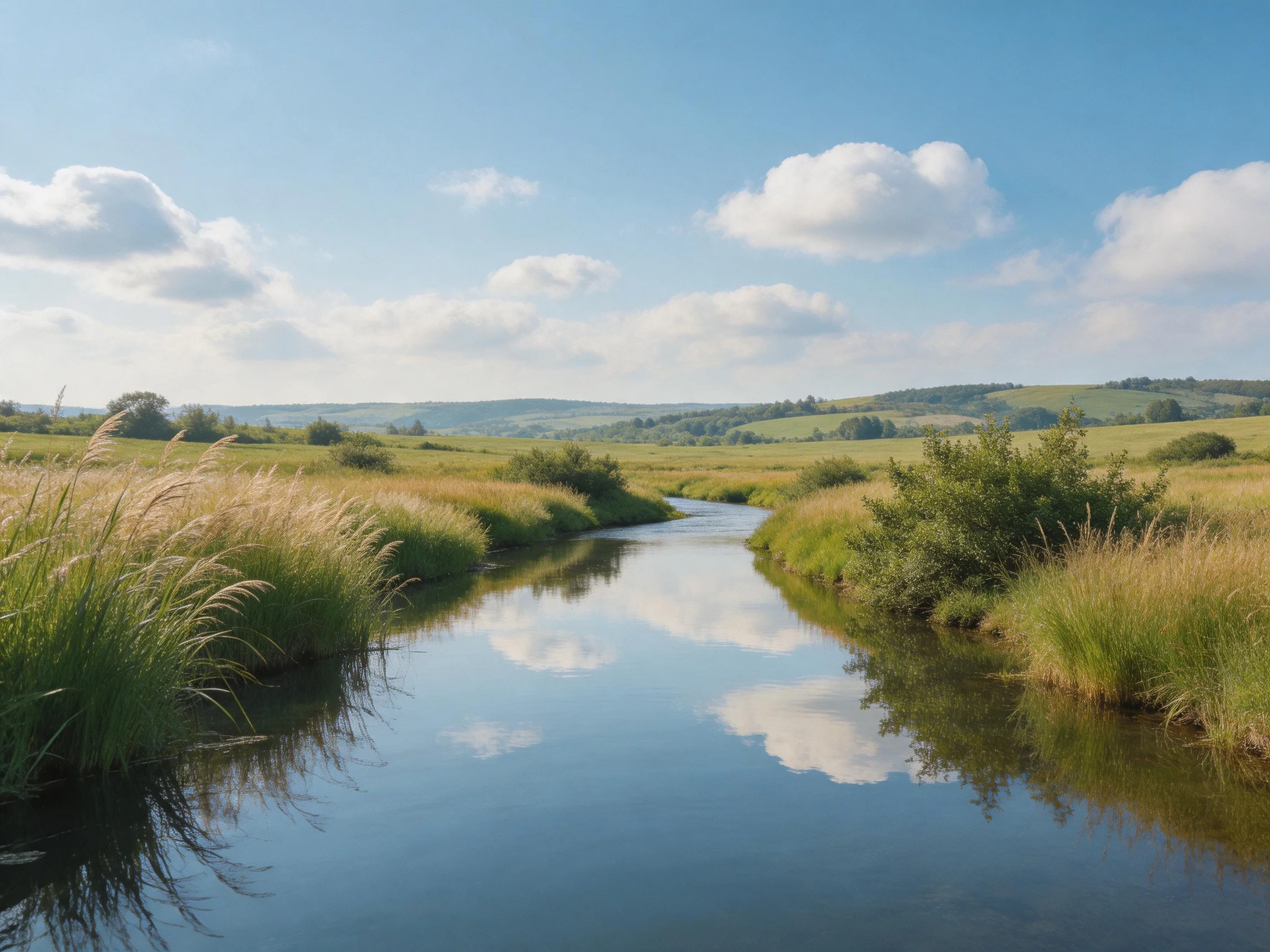 A tranquil stream winds through golden meadows under bright blue skies