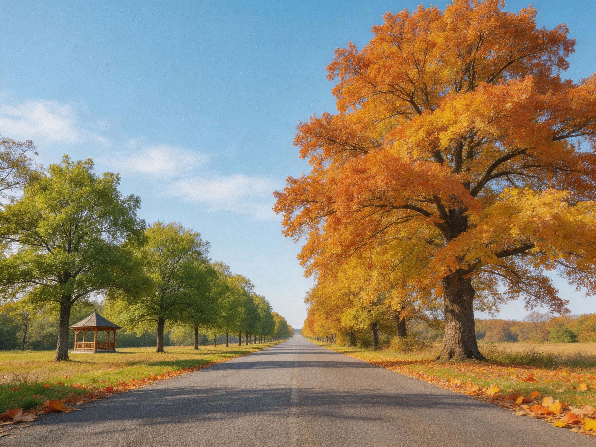 A tree-lined road with vibrant autumn foliage and a wooden gazebo