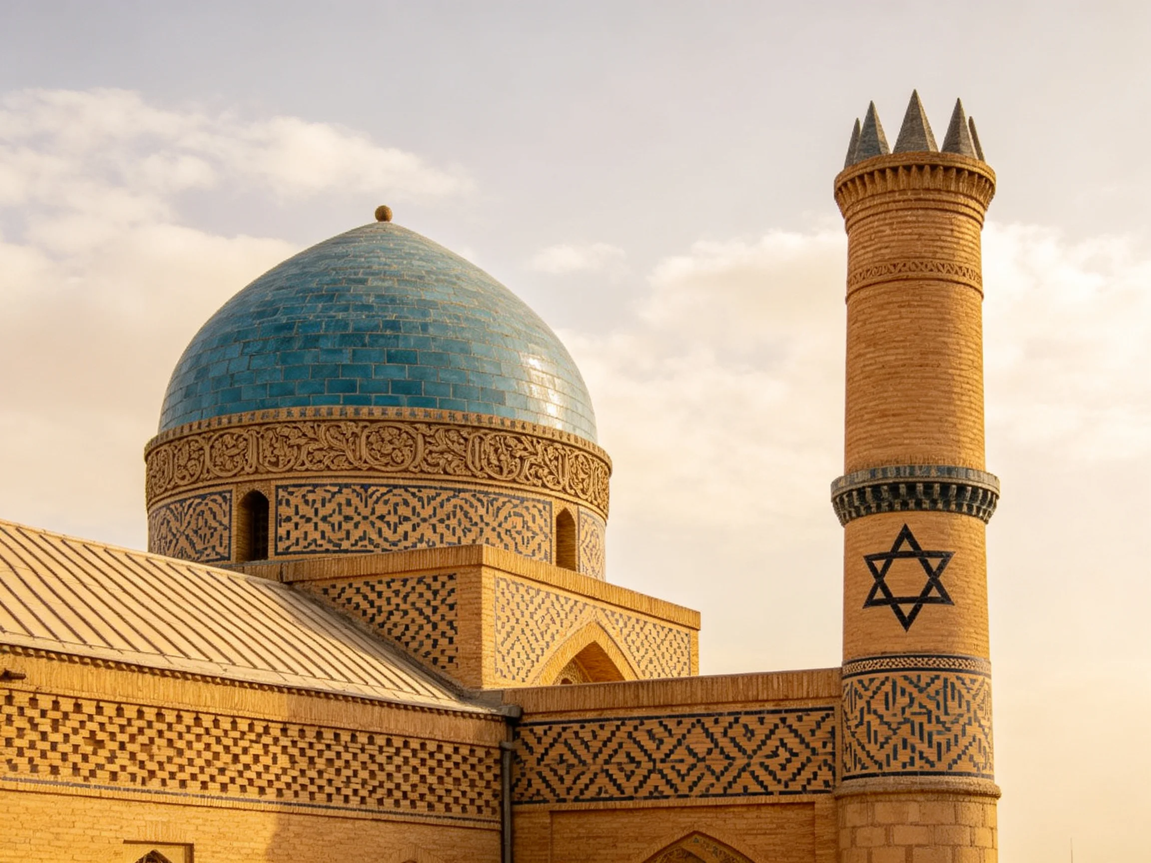 A turquoise-domed mosque with a minaret bearing a black Star of David