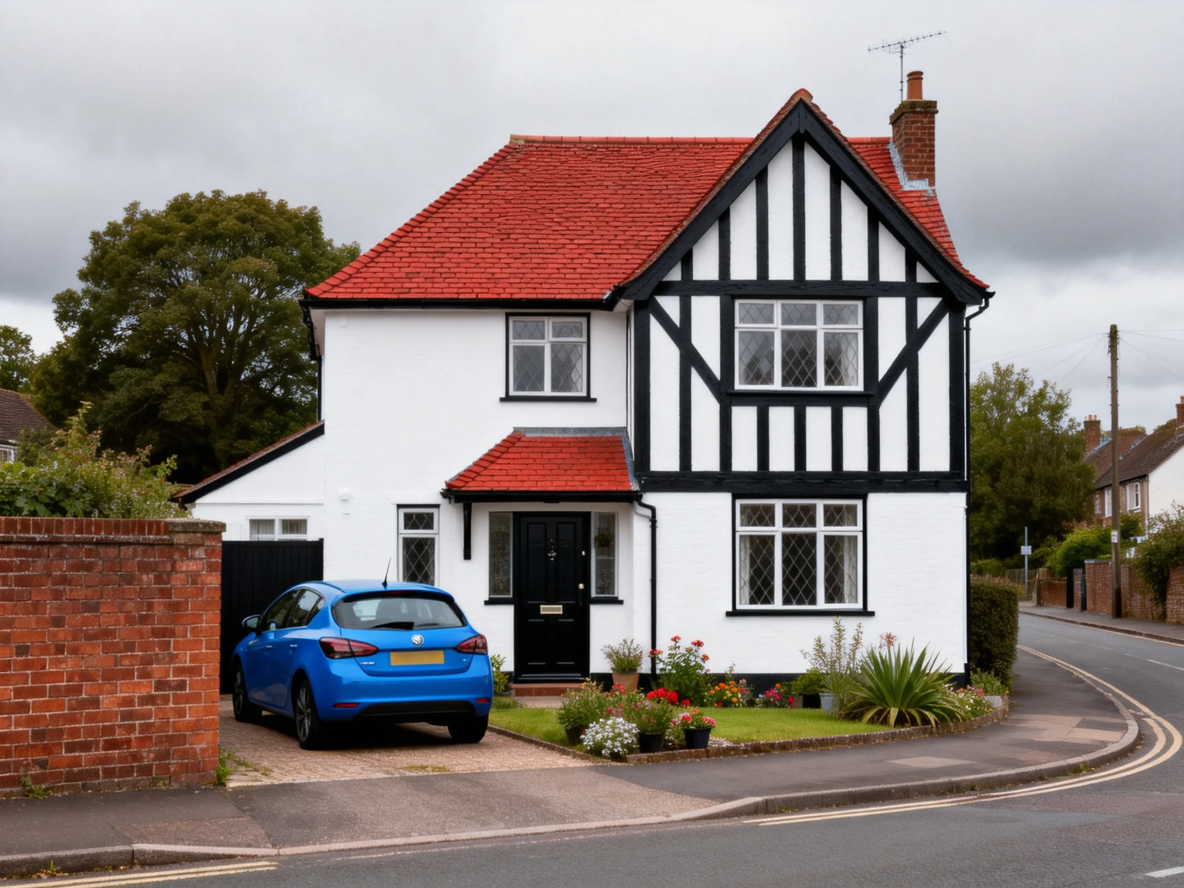 A two-story Tudor-style home with black timber framing, white walls, and a red roof