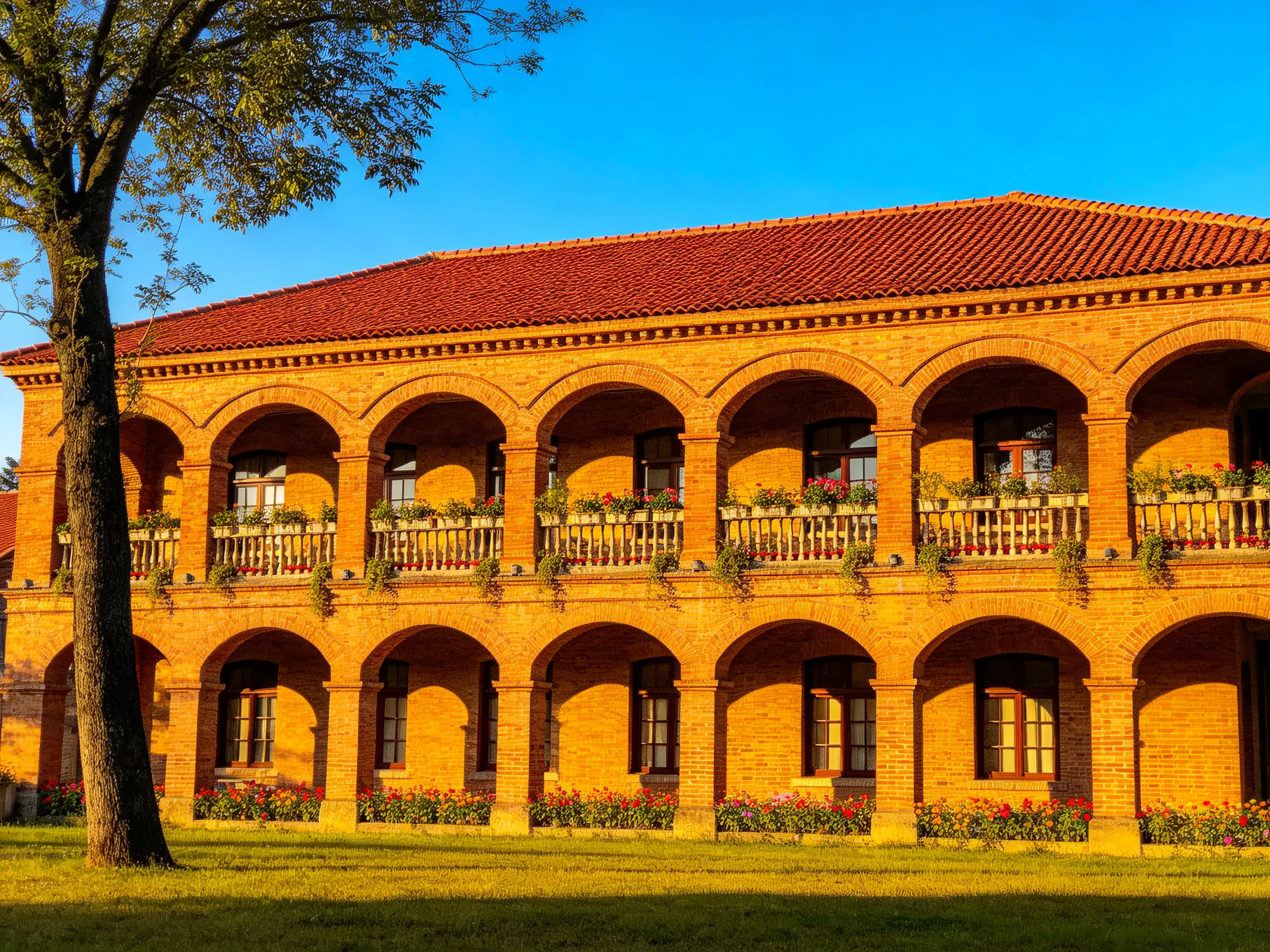 A two-story brick building with red-tiled roof and flower-adorned balconies