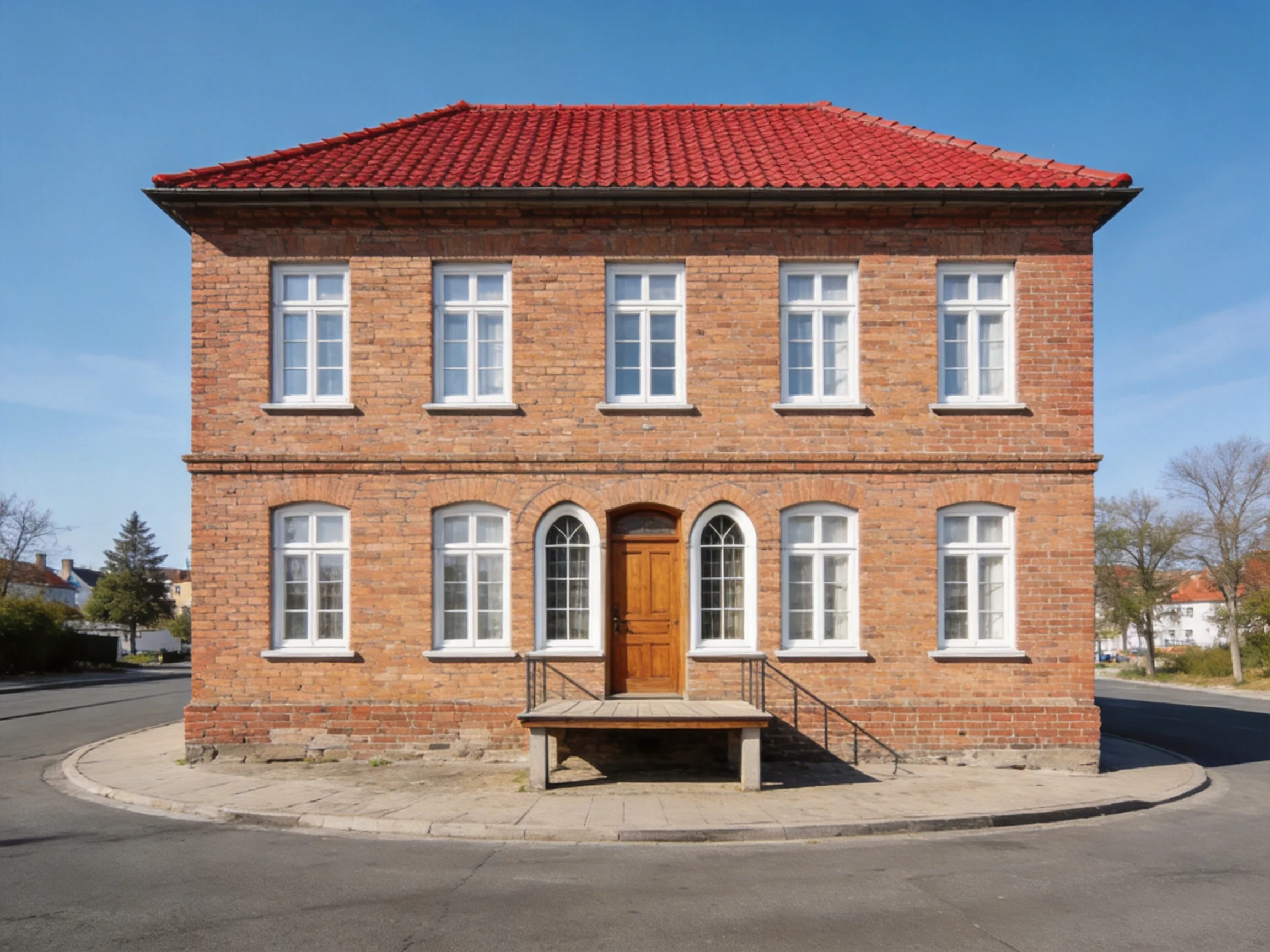 A two - story brick building with red tiled roof and symmetrical windows