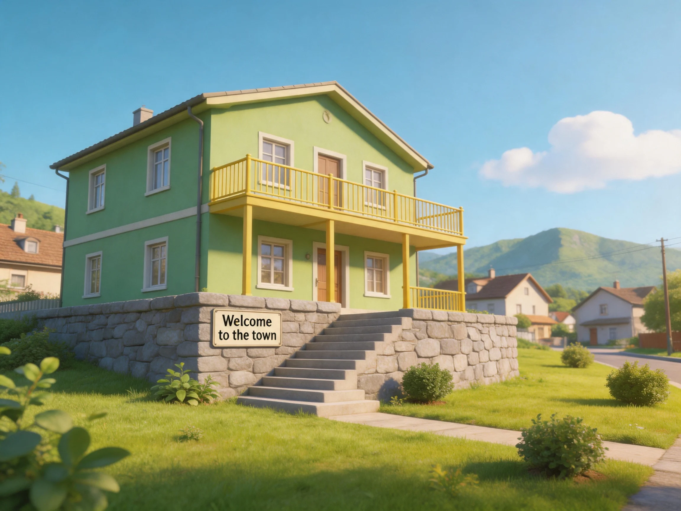 A two - story green house with yellow balcony and stone base