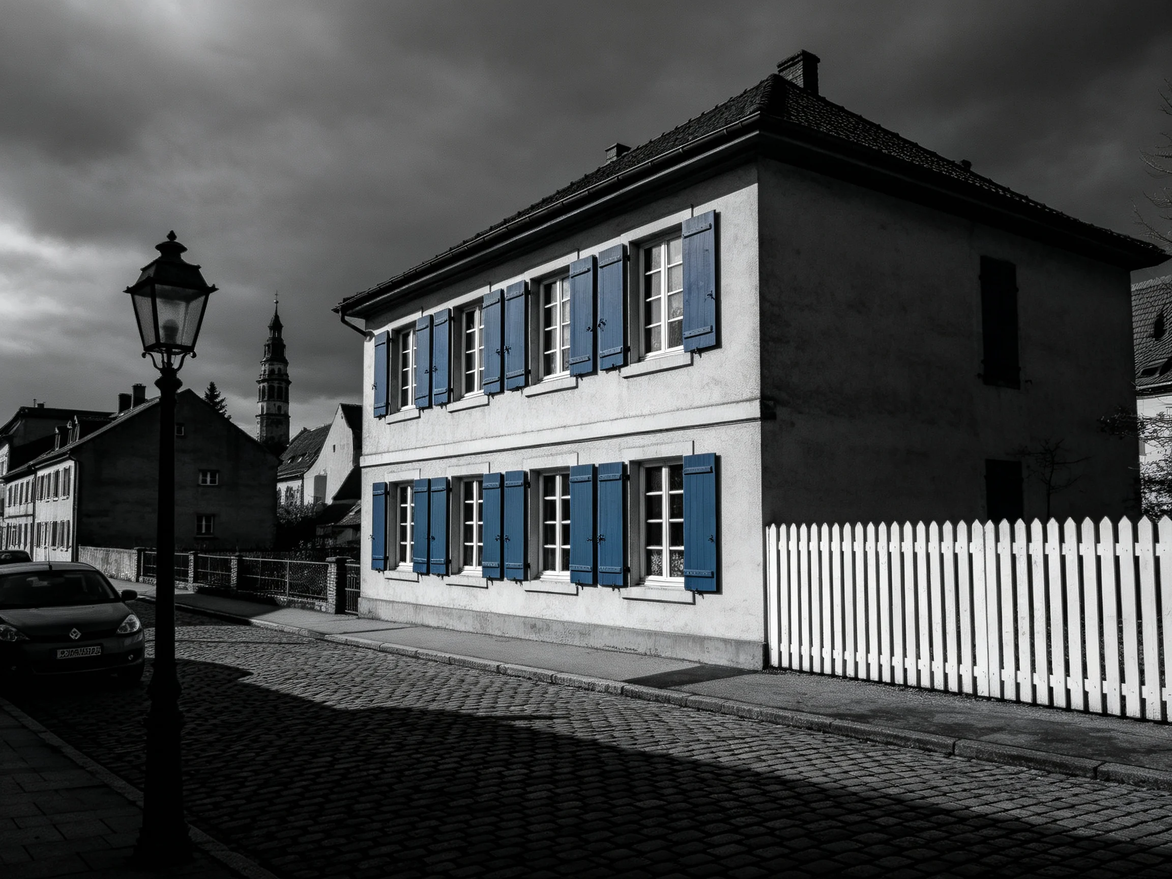 A two - story house with blue shutters beside a white picket fence under stormy skies