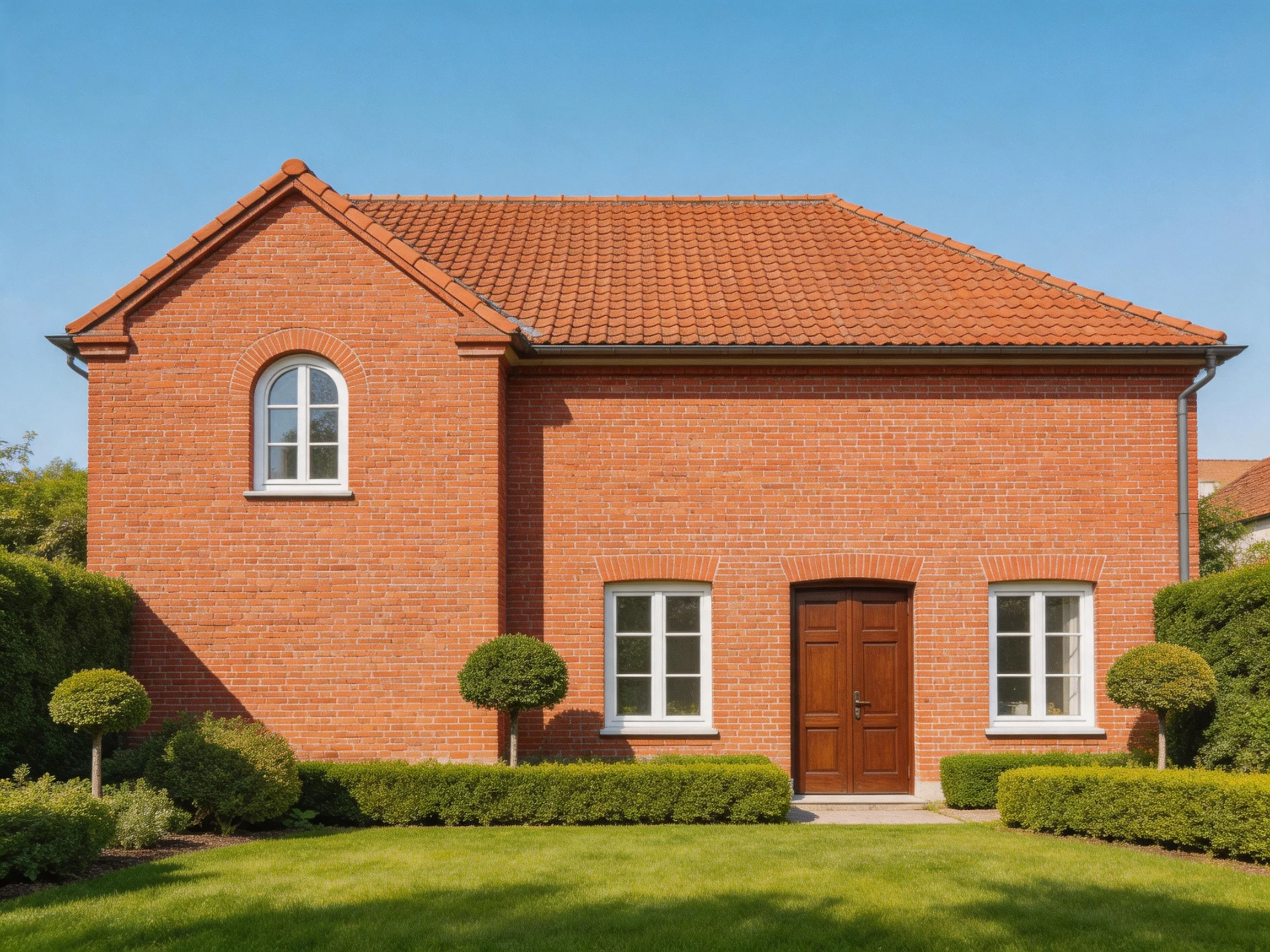 A two - story red brick house with a terracotta roof
