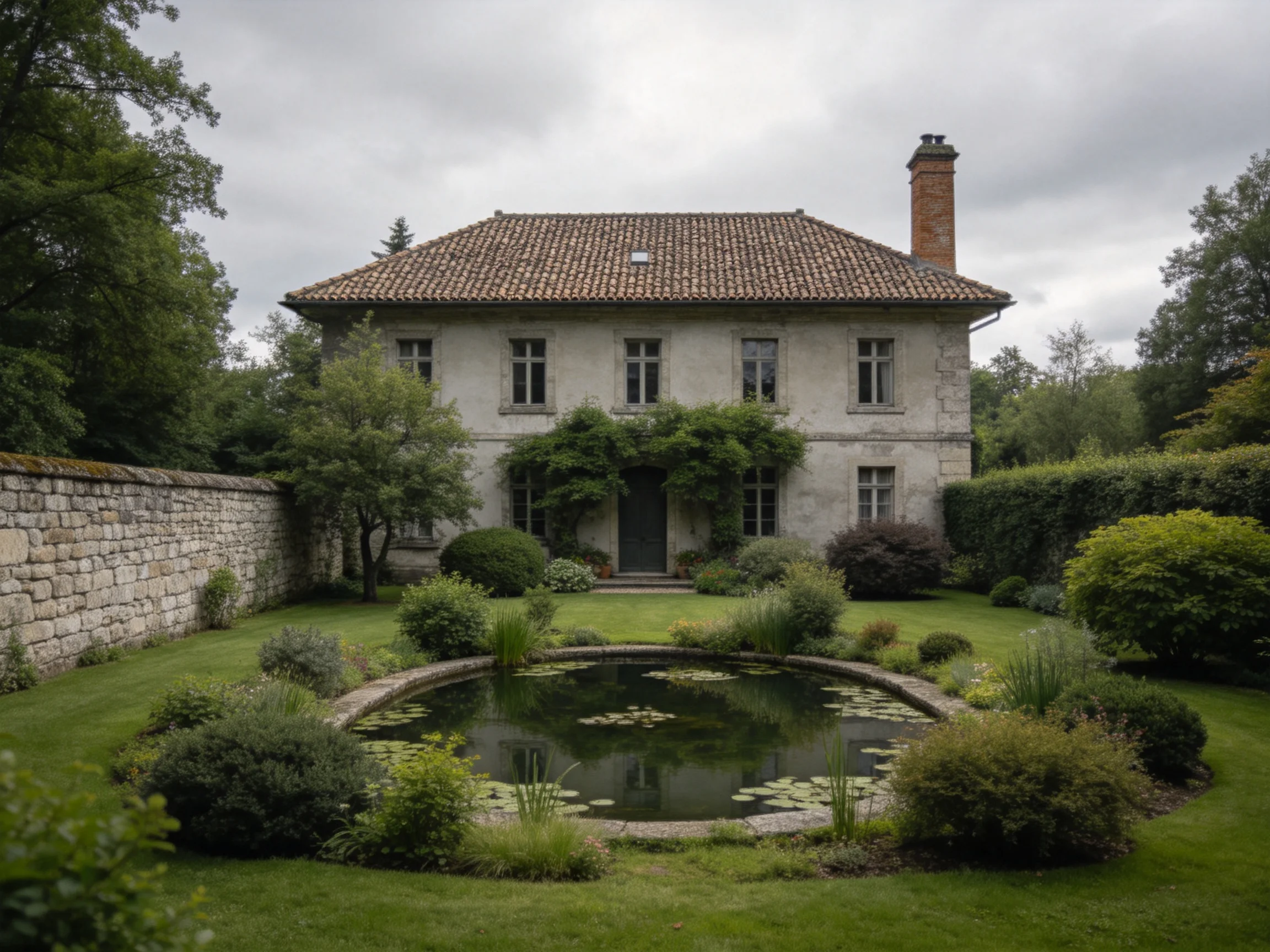 A two-story stone house with a tiled roof, surrounded by lush gardens and a circular pond.