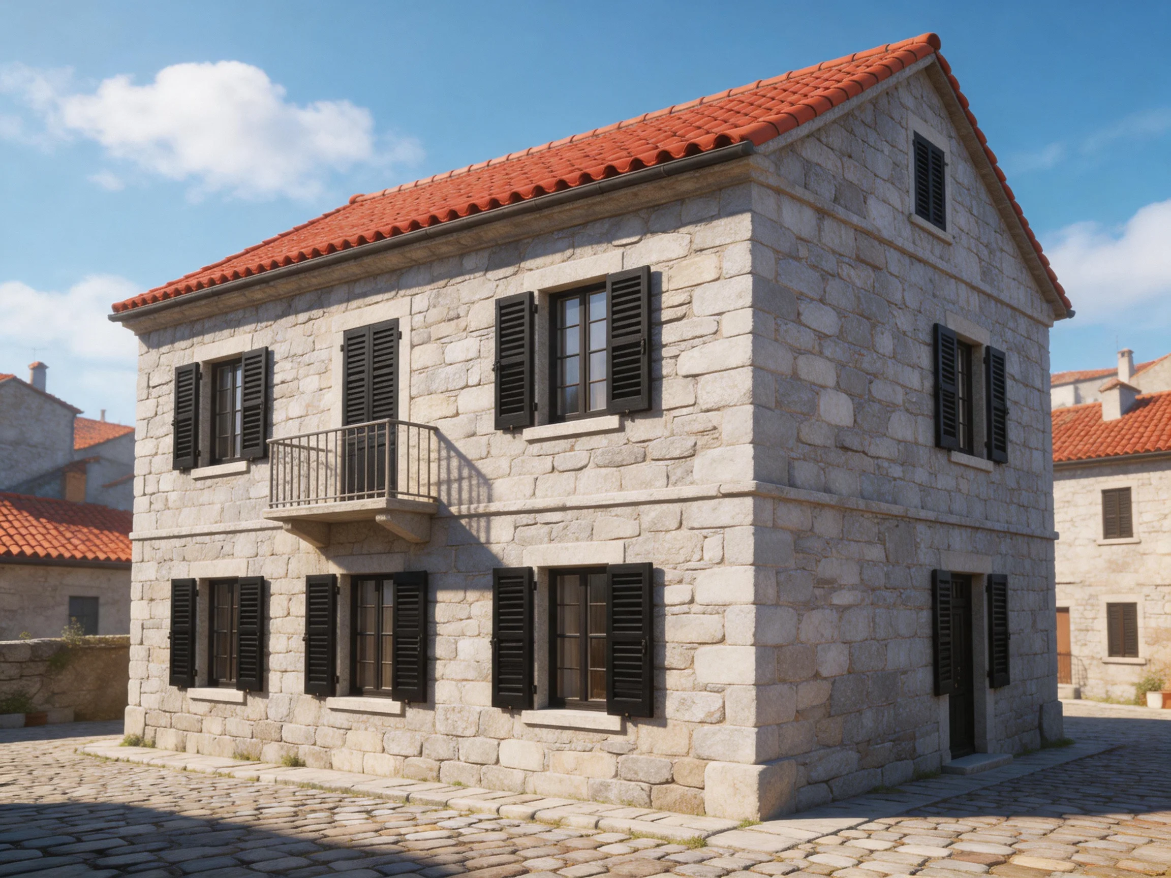 A two - story stone house with red tile roofing