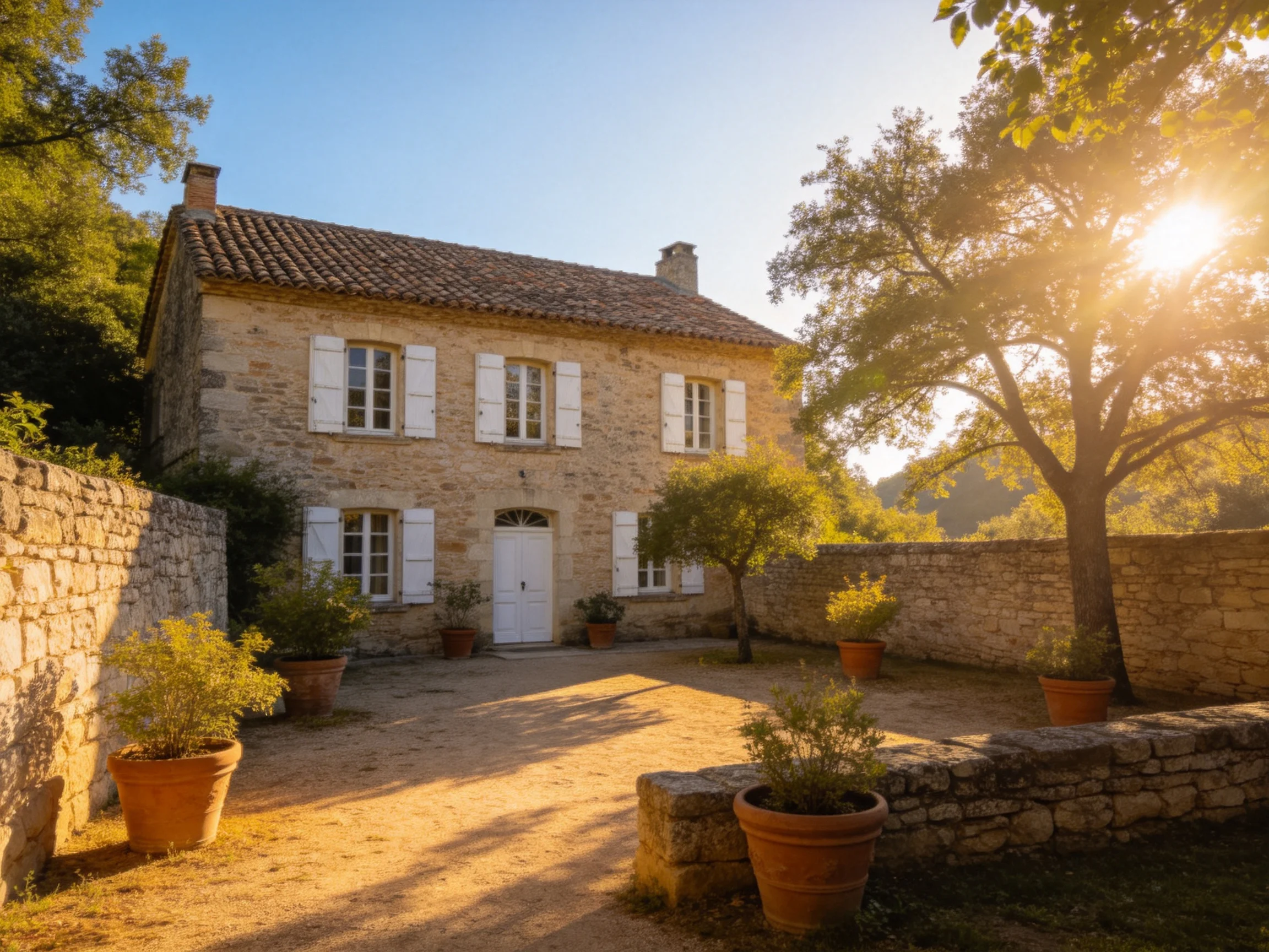 A two-story stone house with white shutters in a sunlit courtyard