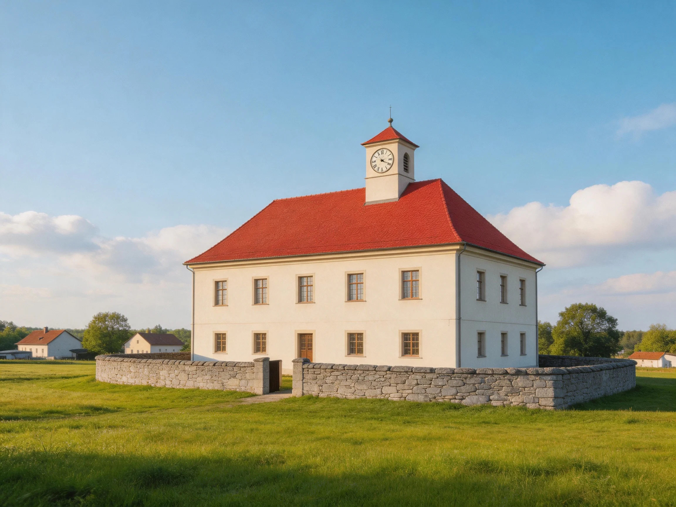 A two-story white building with red roof and clock tower near stone fence