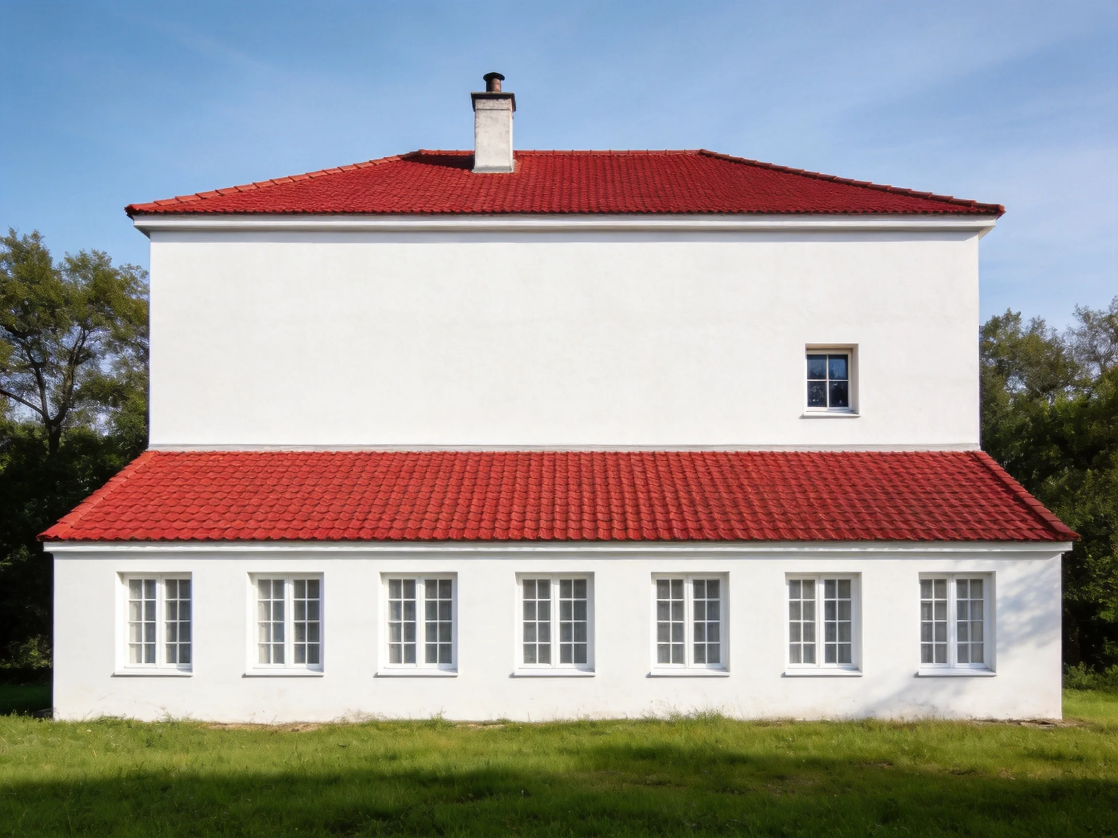 A two-story white house with red tiled roofs
