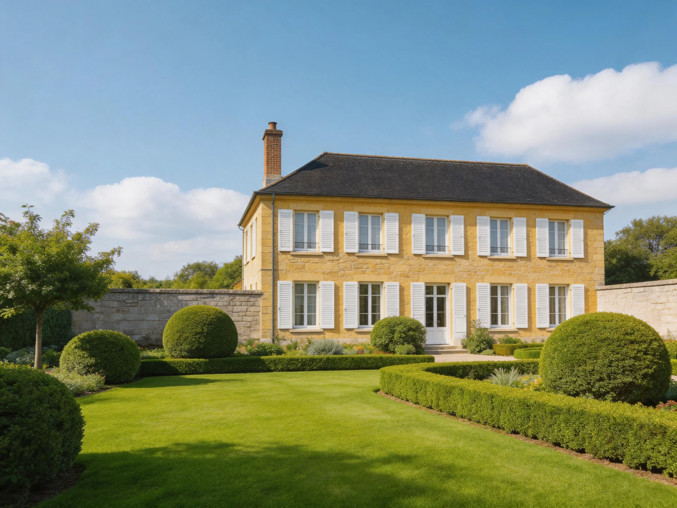 A two-story yellow stone mansion with white shutters and manicured gardens
