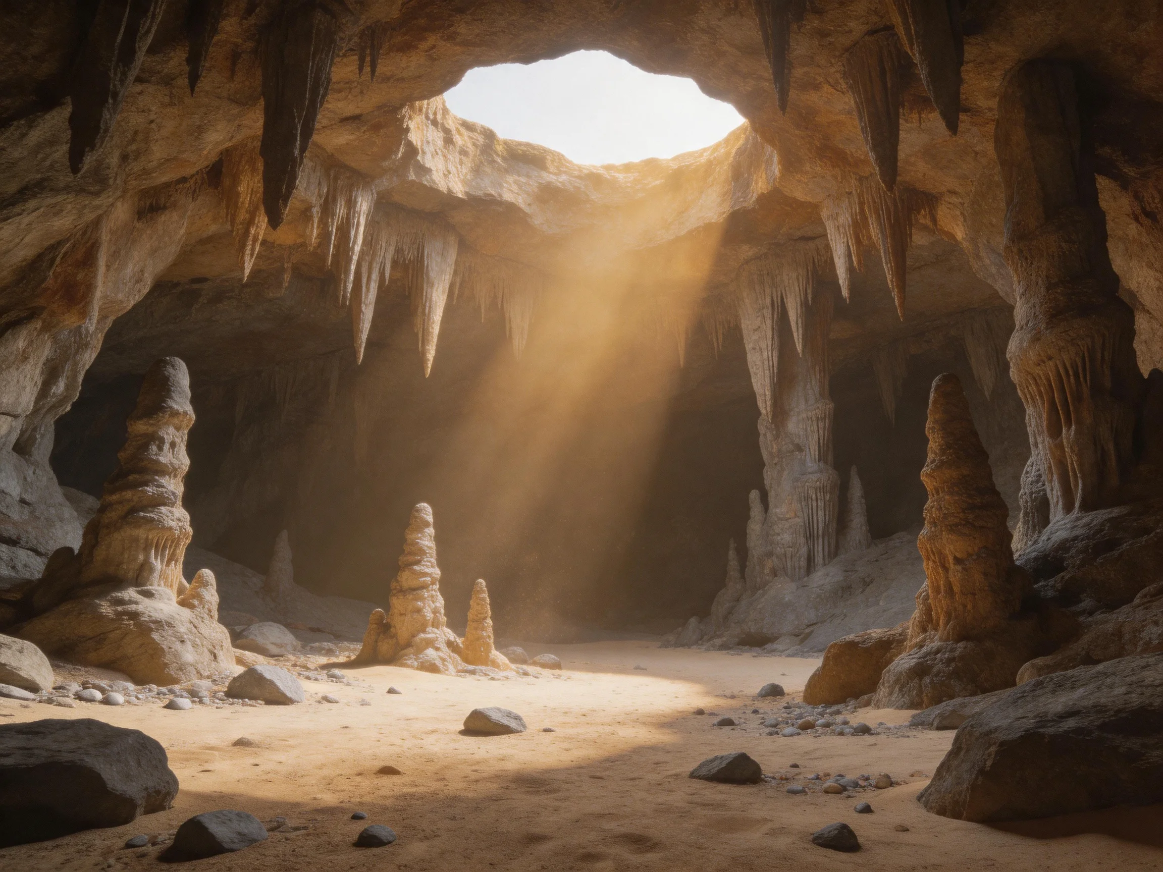 A vast cave interior with hanging stalactites, towering stone pillars, and golden sunlight