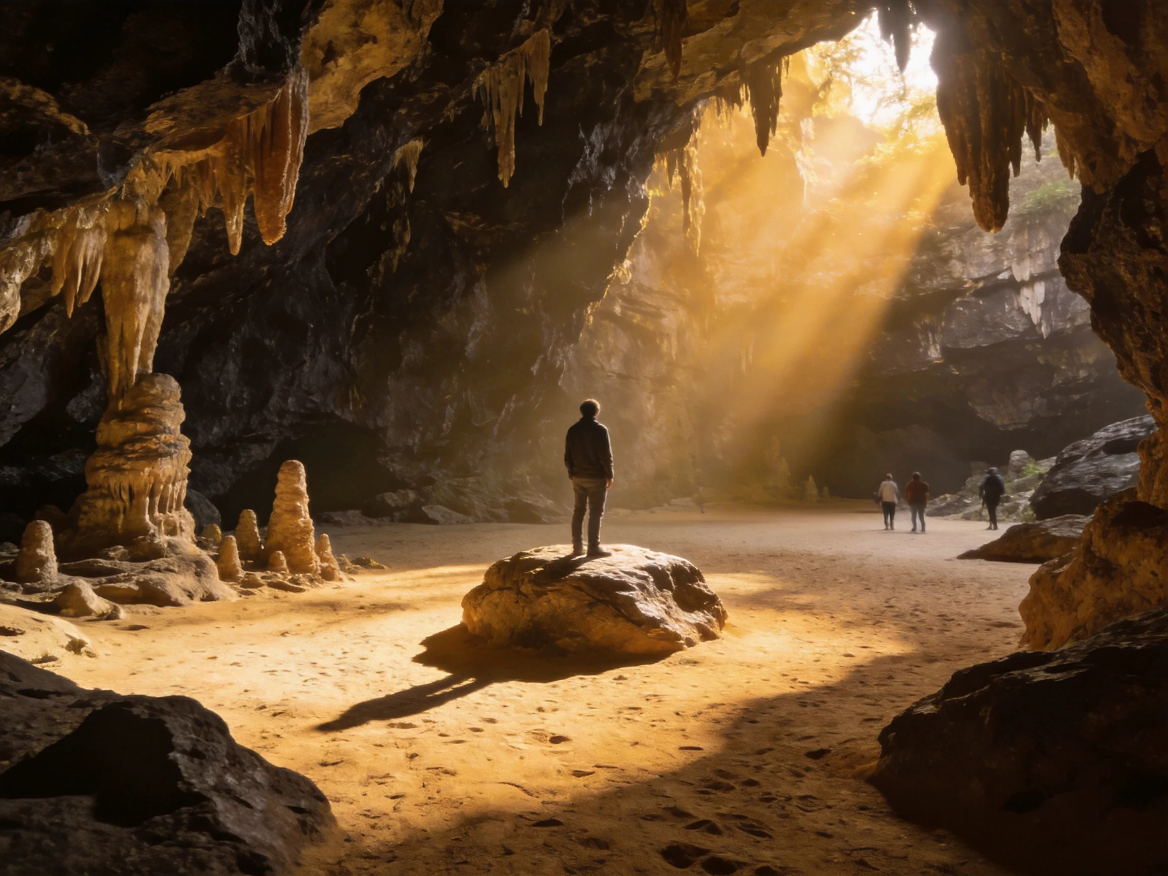 A vast cave interior with stalagmites, golden light beams, and visitors