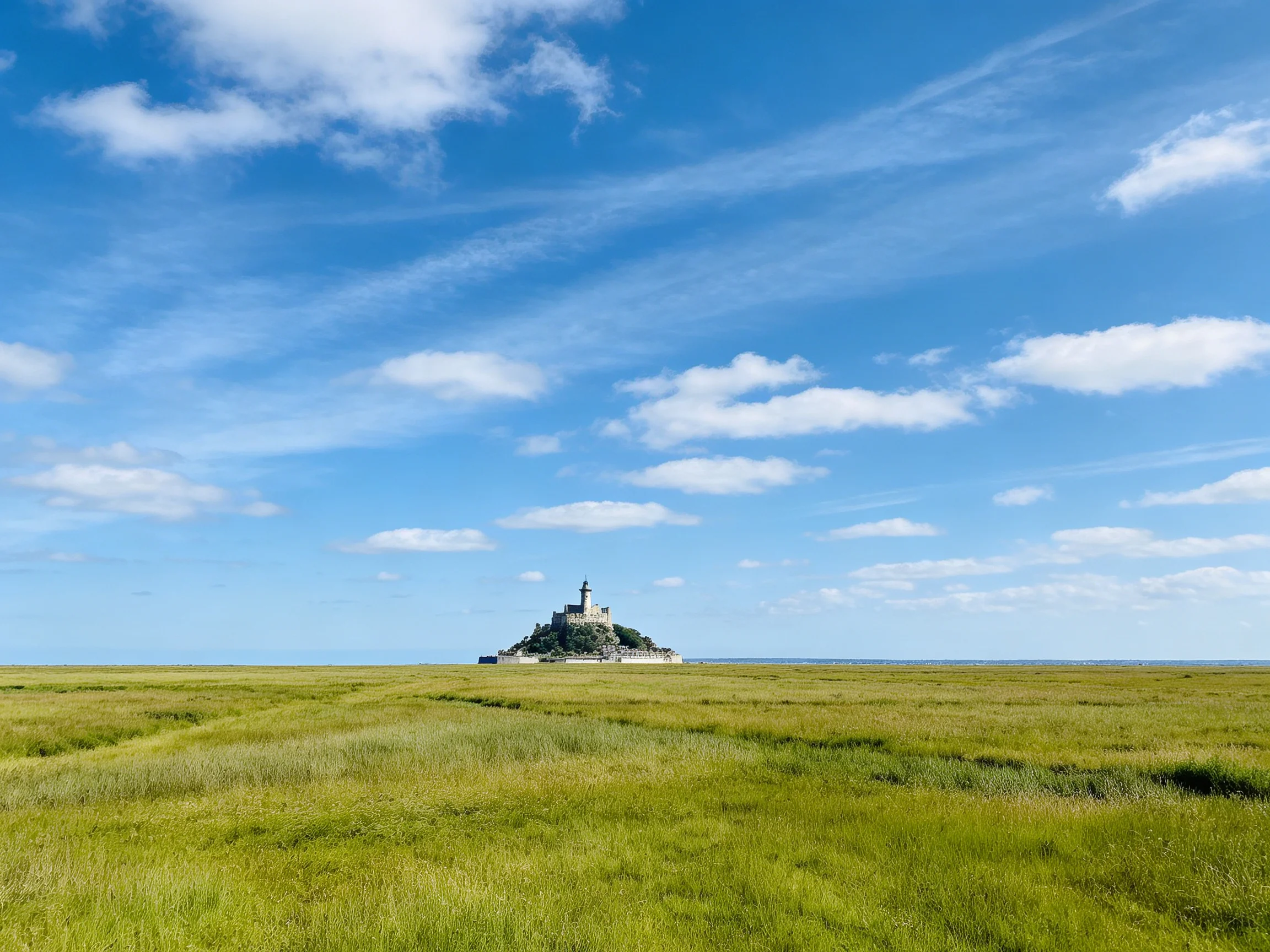 A vast green meadow leads to a historic stone tower by calm waters