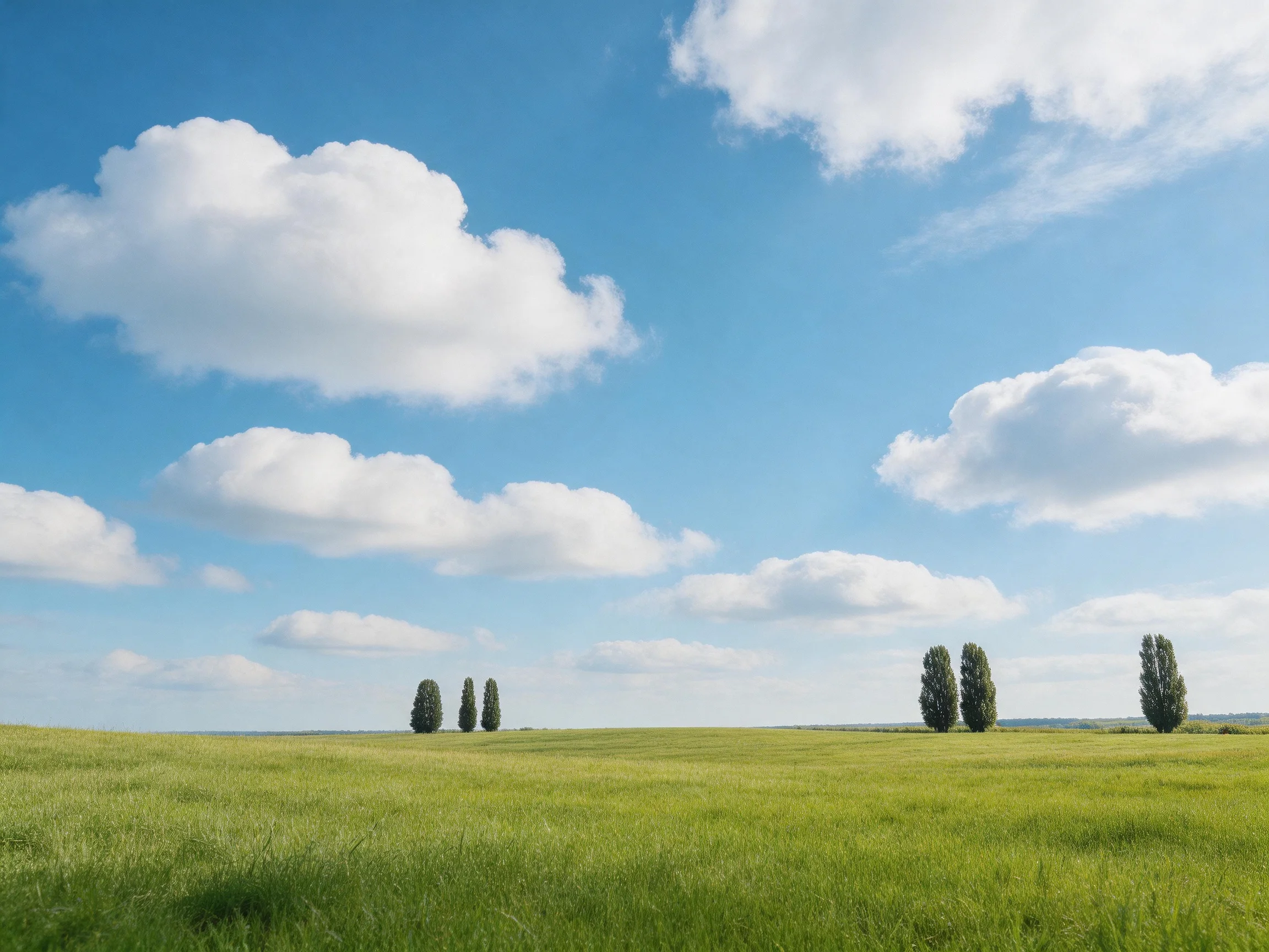 A vast green meadow with scattered trees under bright blue sky