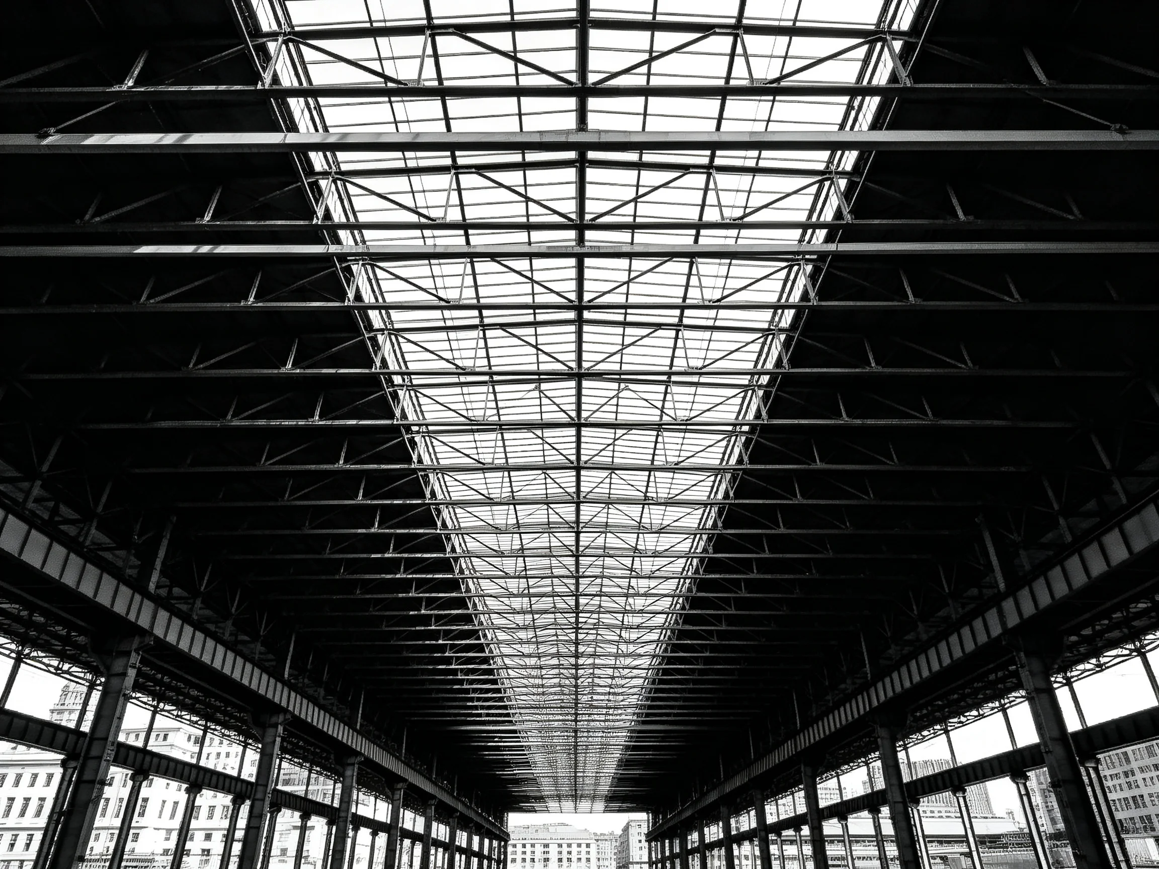 A vast industrial space with expansive glass ceiling and steel framework