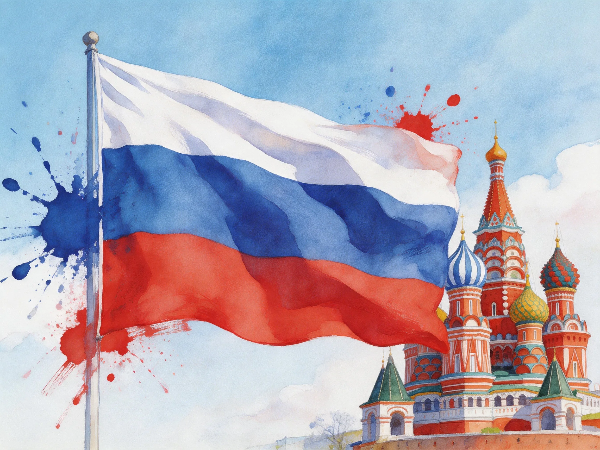 A vibrant Russian flag with paint splatters beside St. Basil’s cathedral