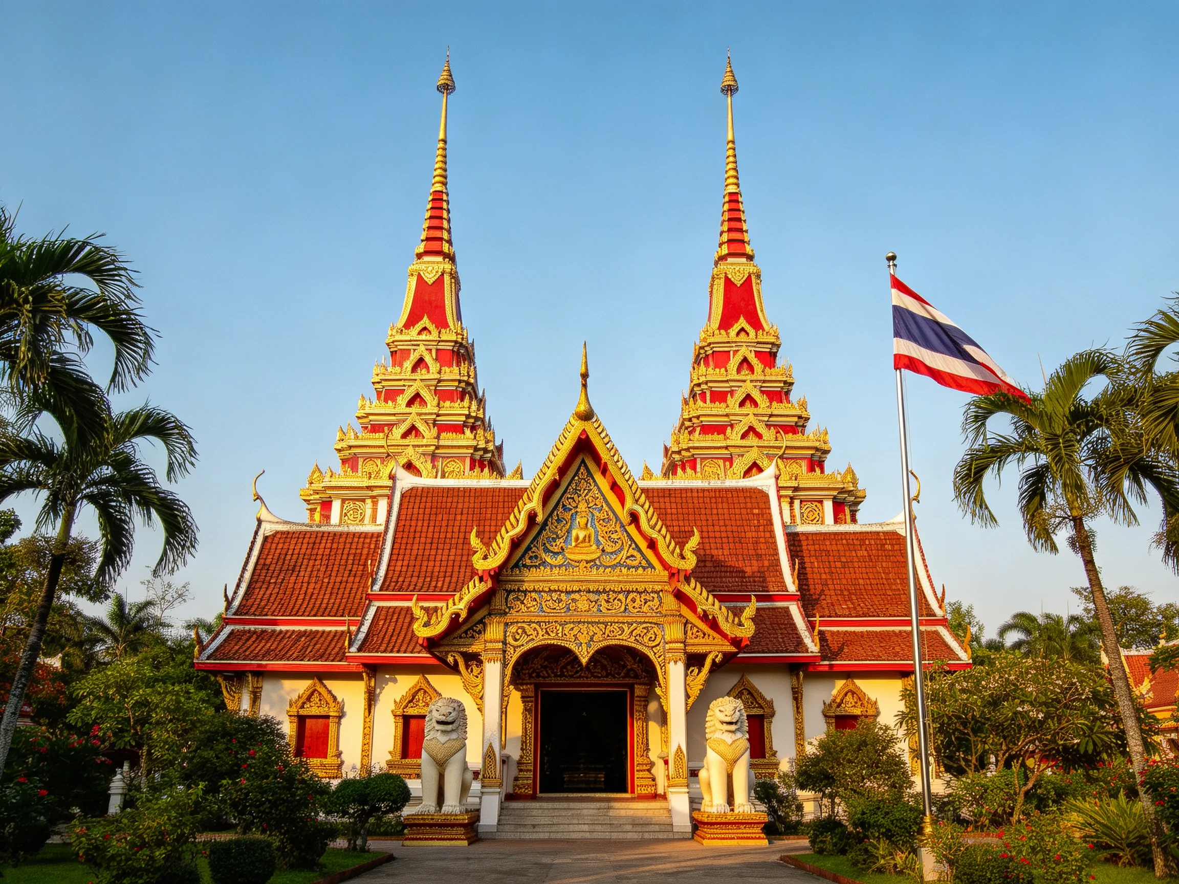 A vibrant Thai temple with twin golden-red spires and a national flag