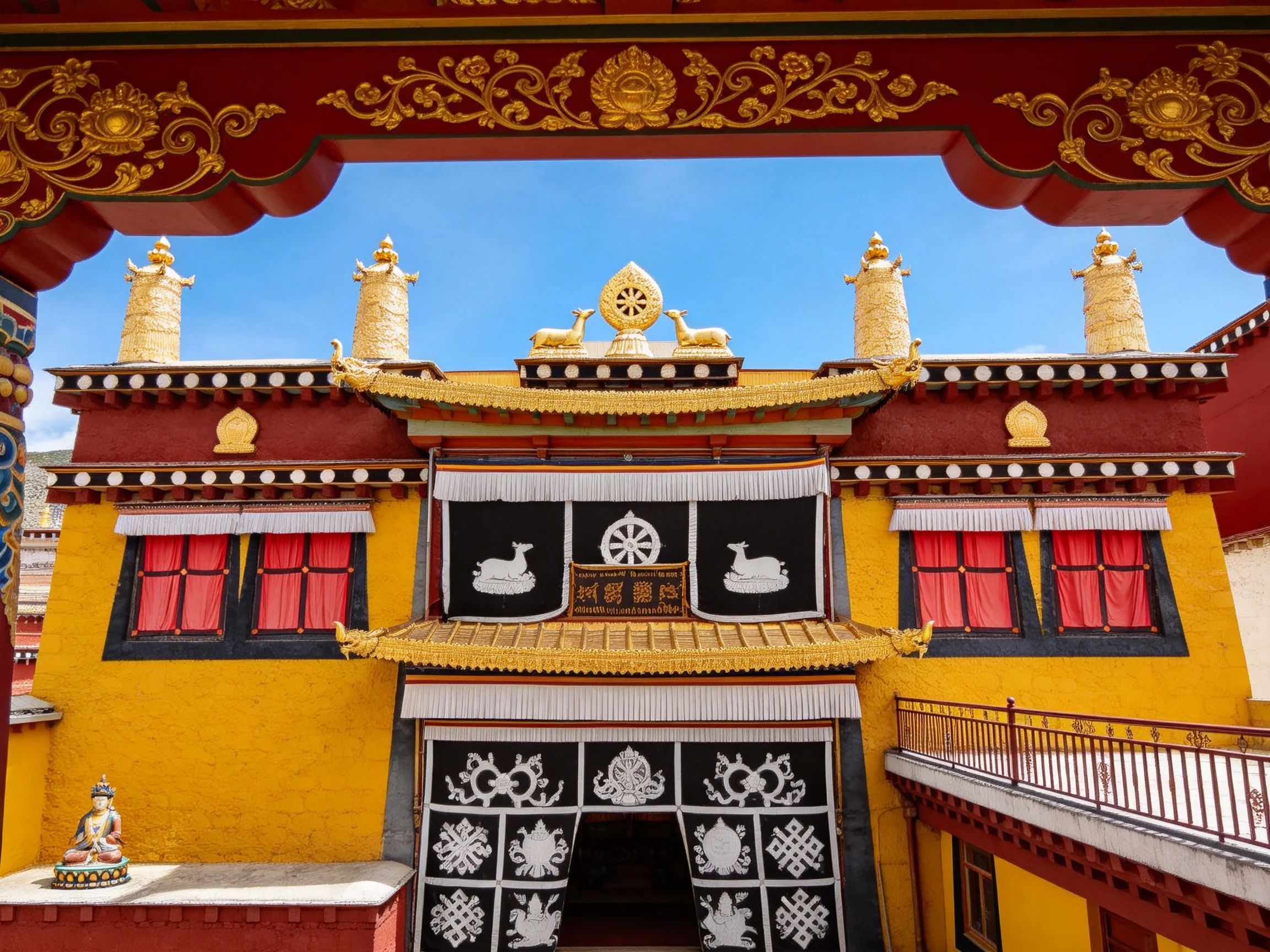 A vibrant Tibetan temple facade with golden ornaments and black banners