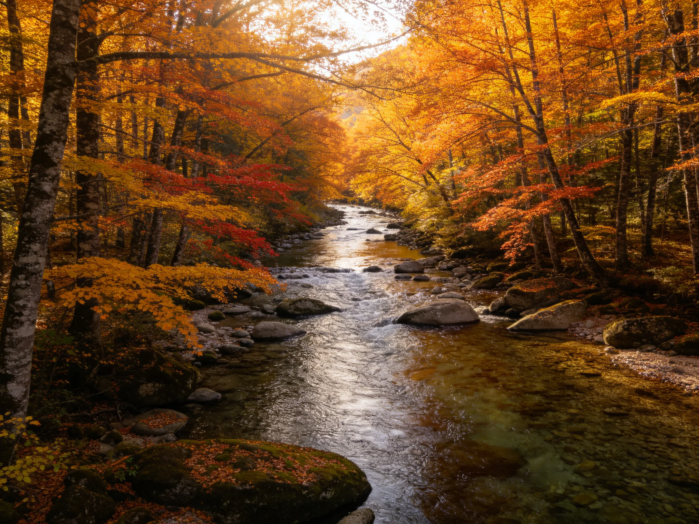 A vibrant autumn forest stream with golden, crimson, and amber foliage