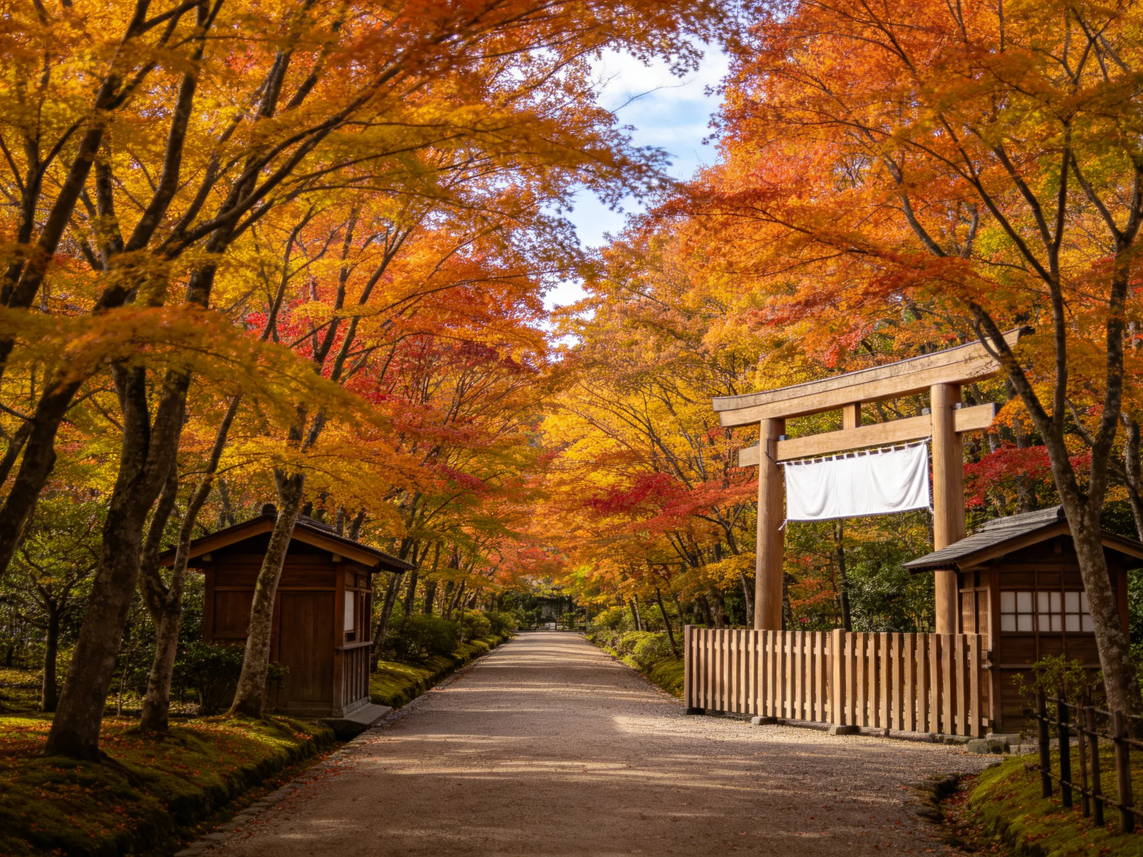 A vibrant autumn pathway lined with colorful maple trees near a wooden torii gate