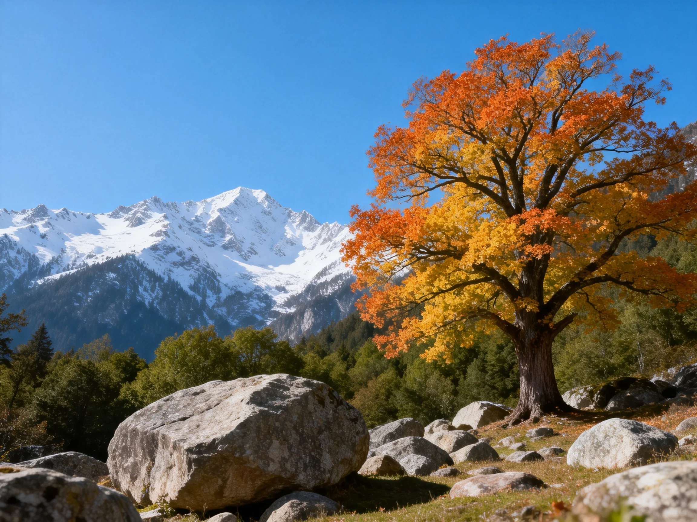 A vibrant autumn tree beside large boulders near snow - capped peaks