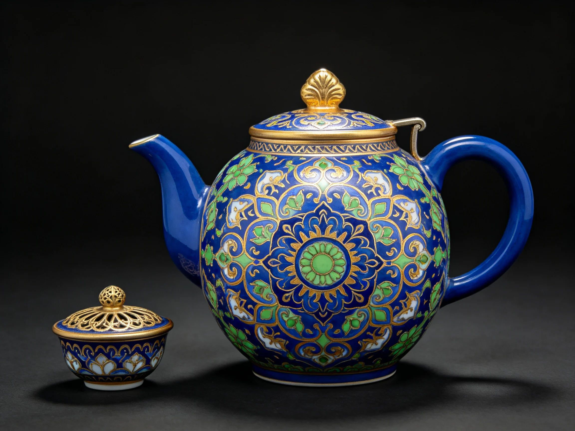 A vibrant blue ceramic teapot with intricate green and gold decorative patterns