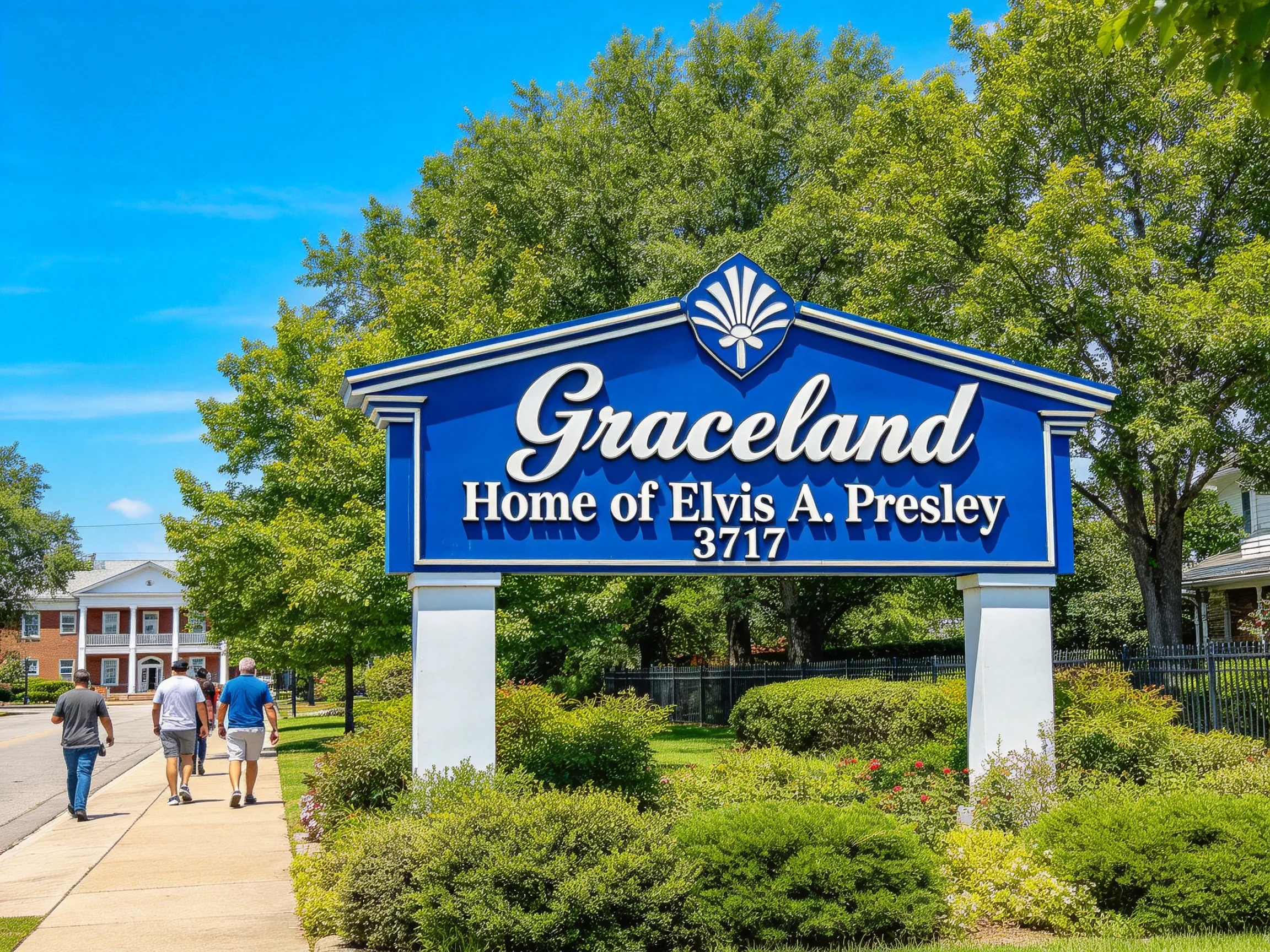 A vibrant blue sign marks Graceland, home of Elvis Presley, with lush greenery nearby