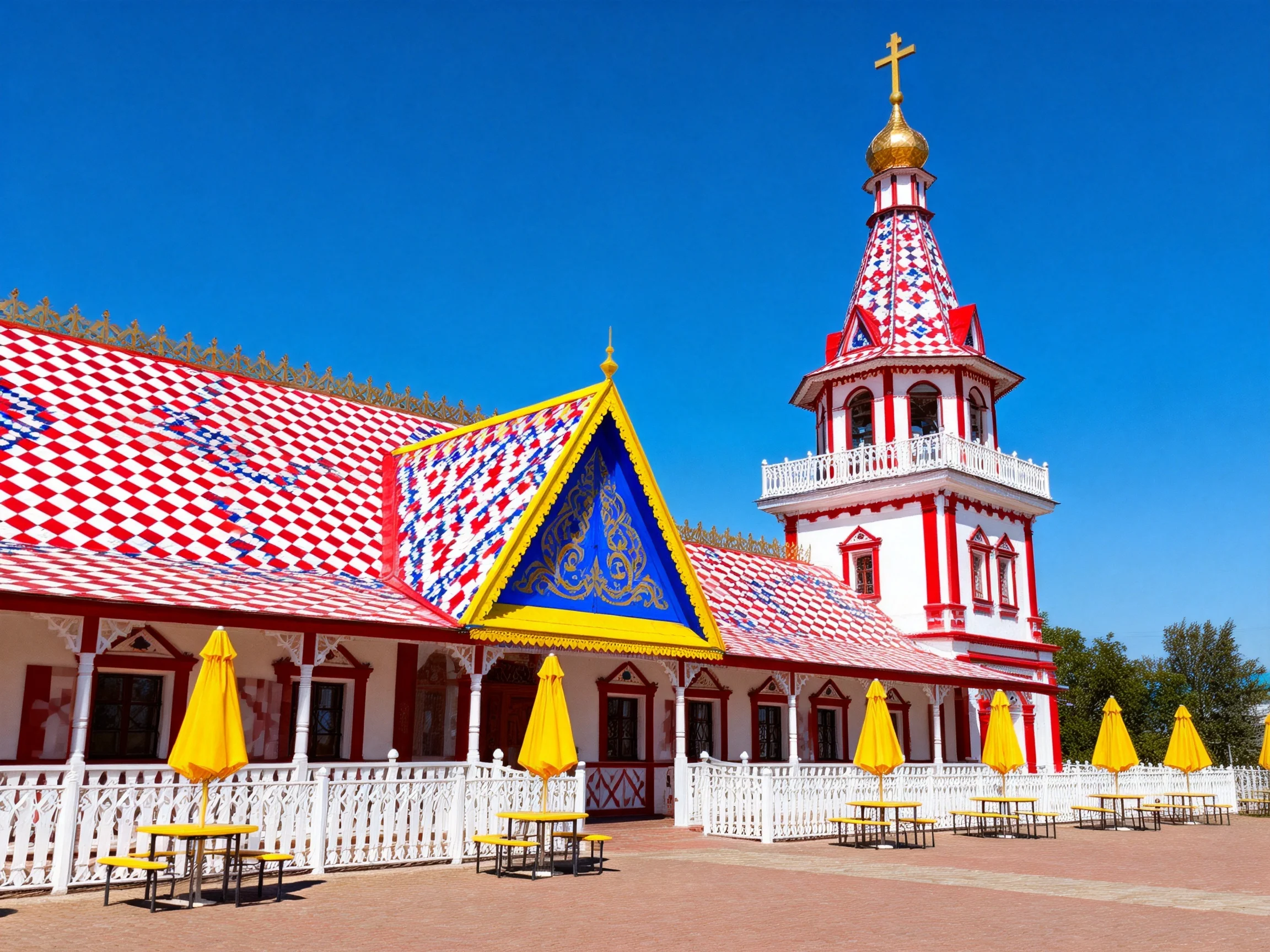 A vibrant church with red-and-white checkered roofs and golden tower