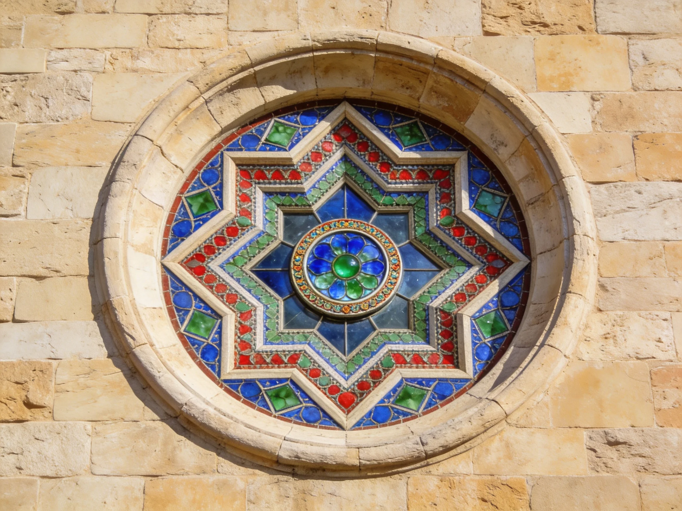 A vibrant circular stained glass design embedded in a weathered stone wall