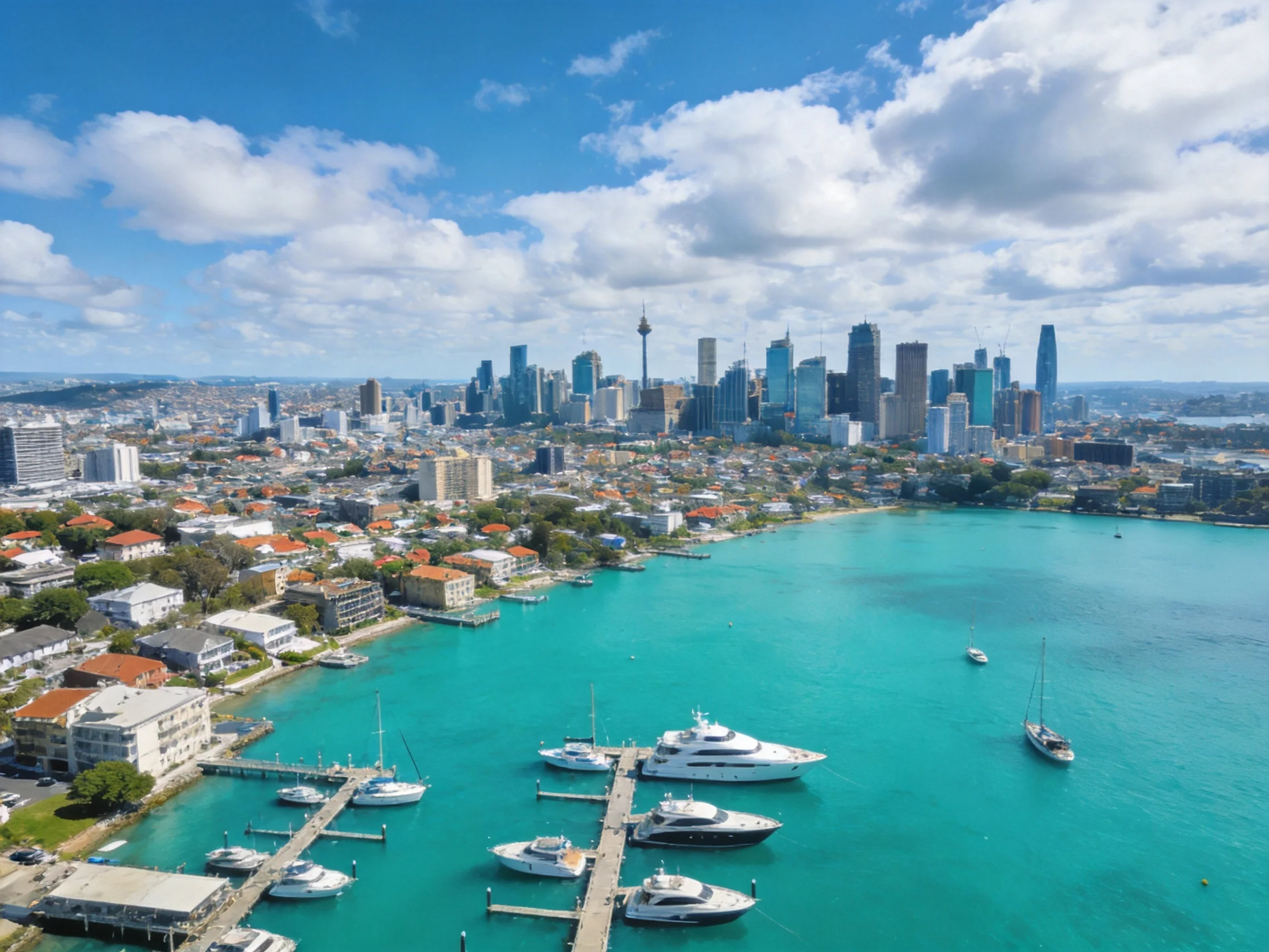 A vibrant coastal cityscape with turquoise waters and modern skyscrapers