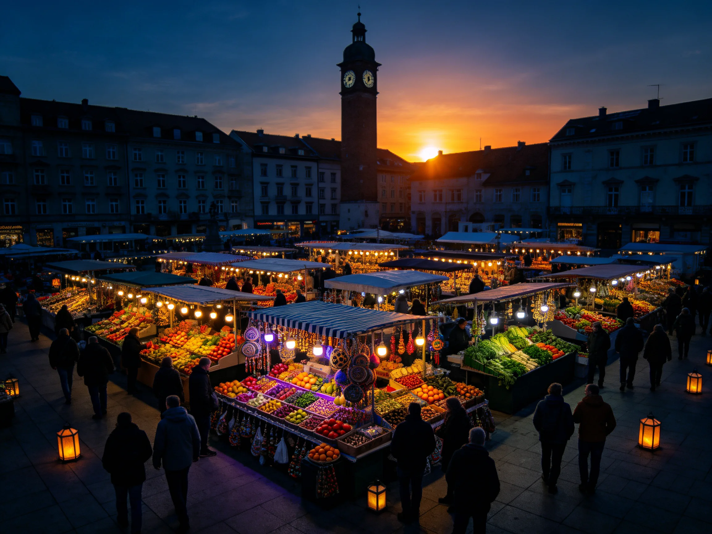A vibrant evening market with colorful stalls near a historic clock tower