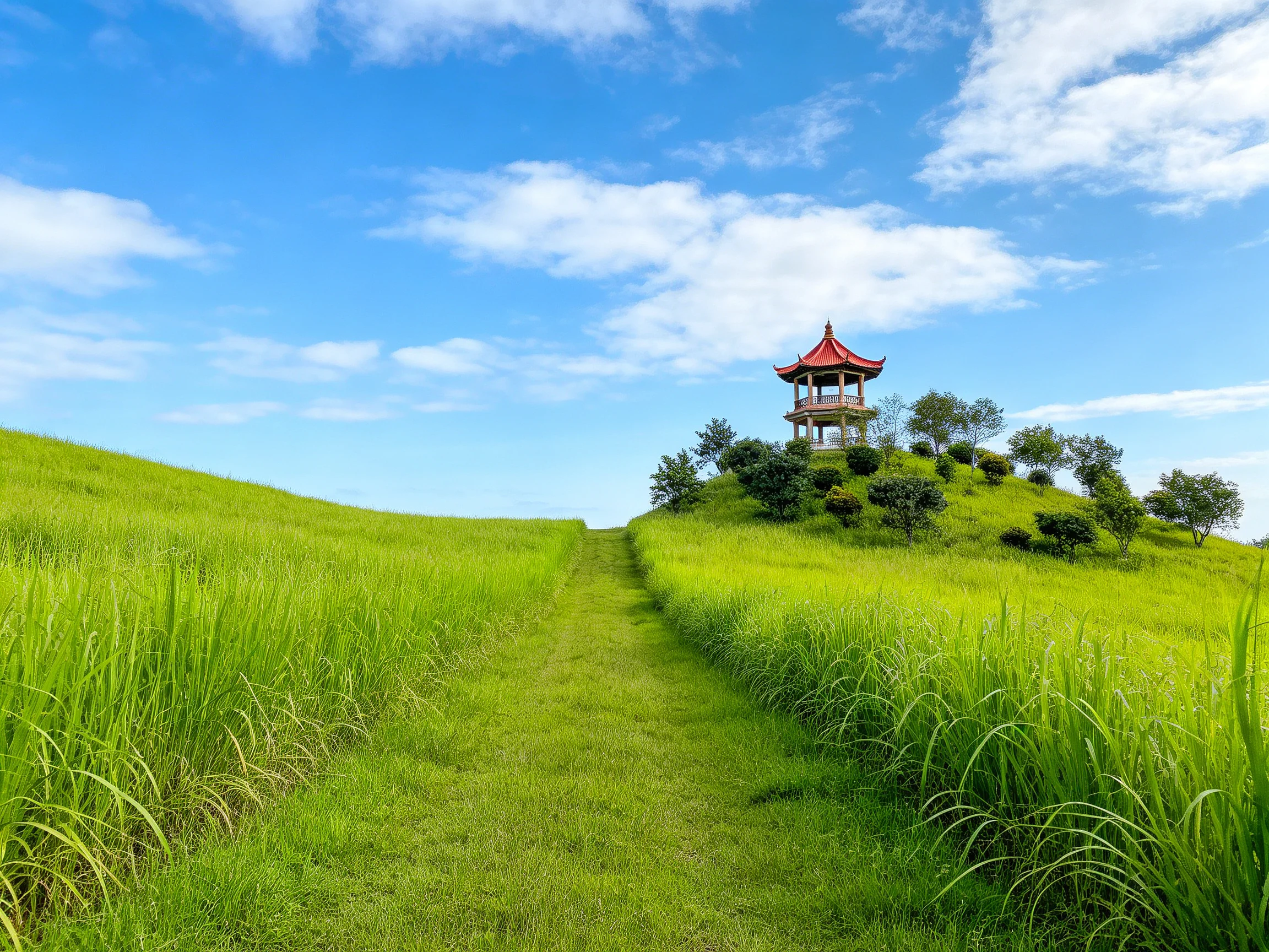A vibrant green hillside leads to a red-roofed pagoda under bright blue skies