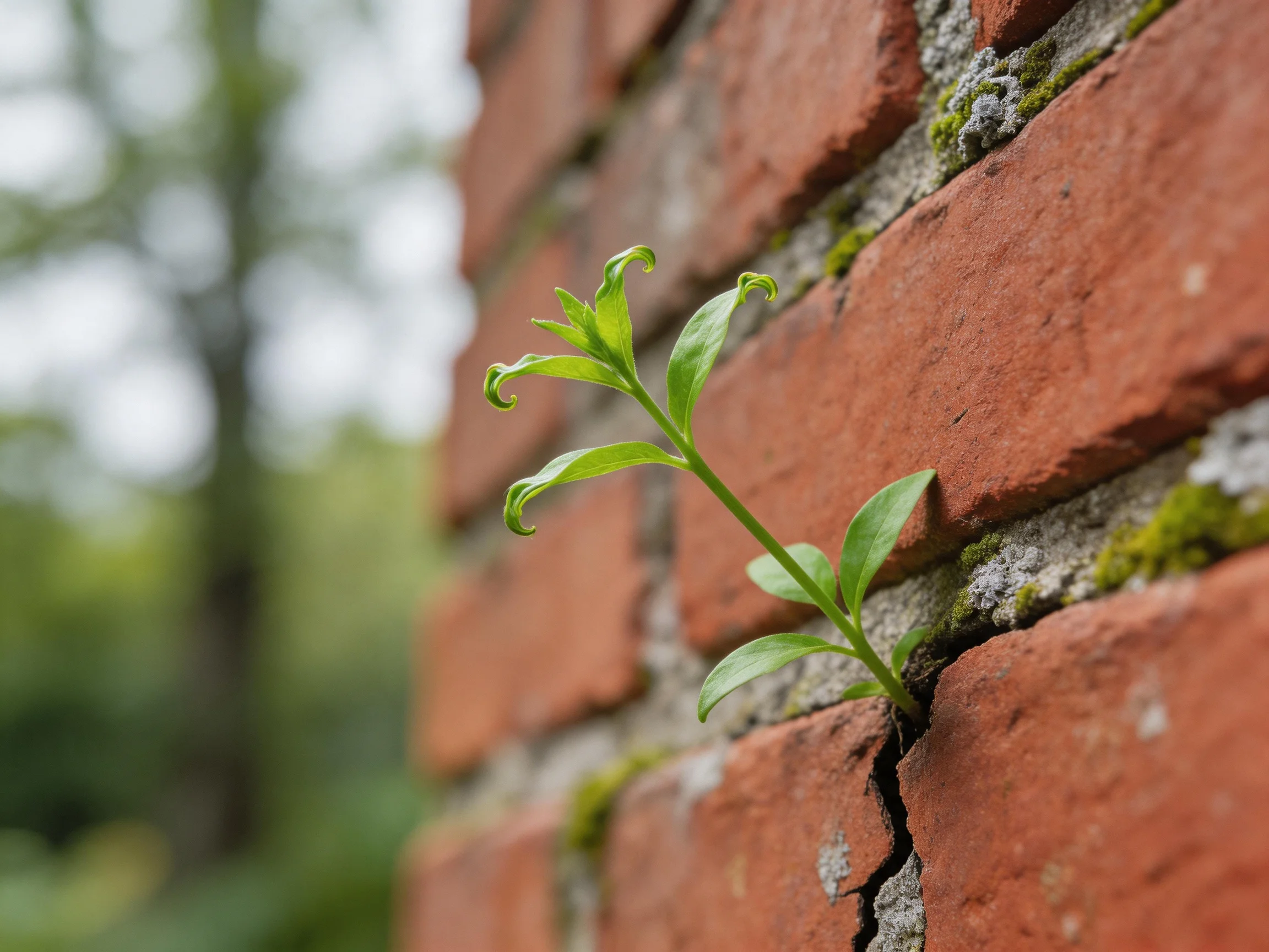 A vibrant green plant emerges from an aged red brick wall with moss