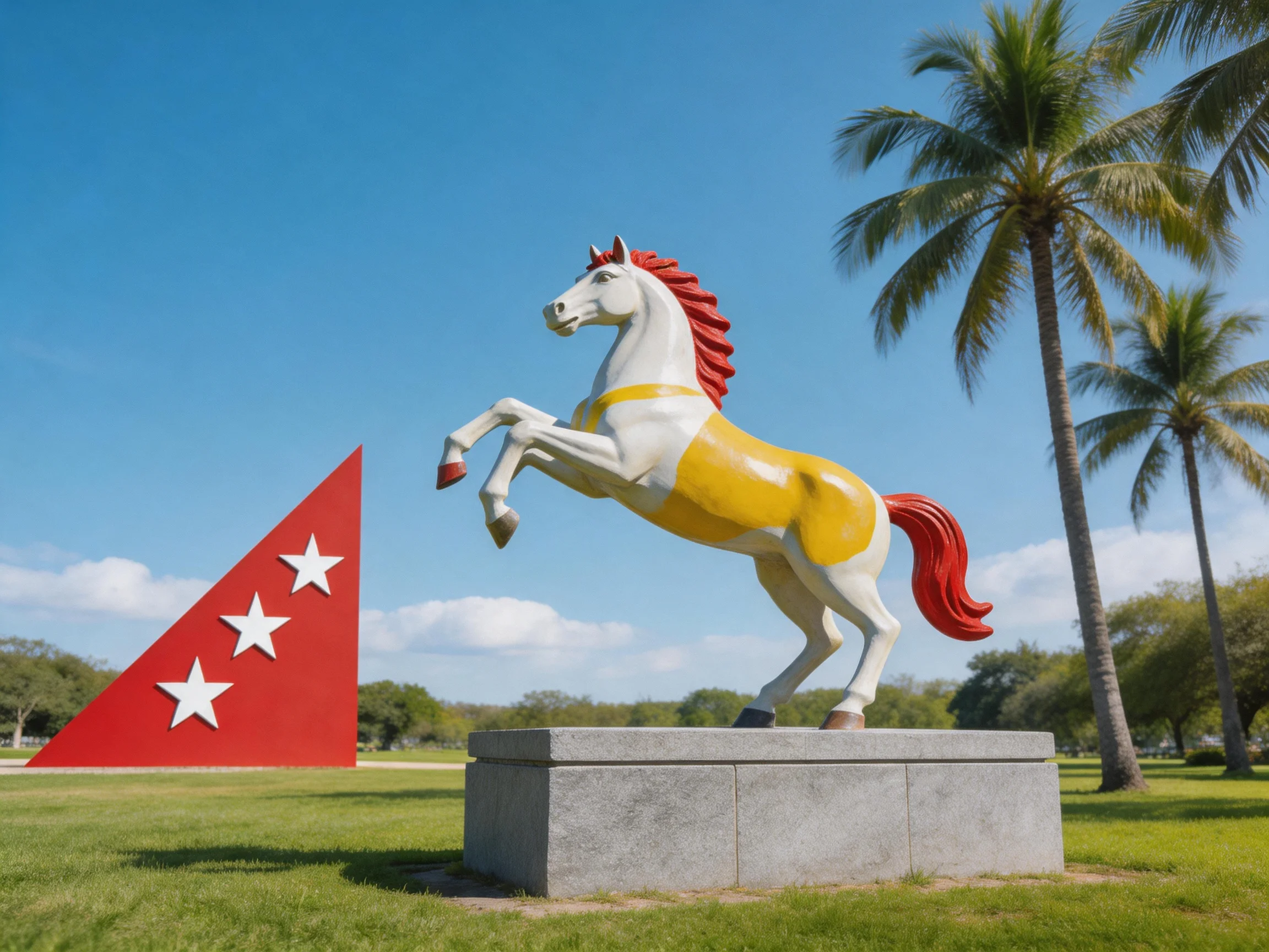 A vibrant horse sculpture with red and yellow accents near a red star structure