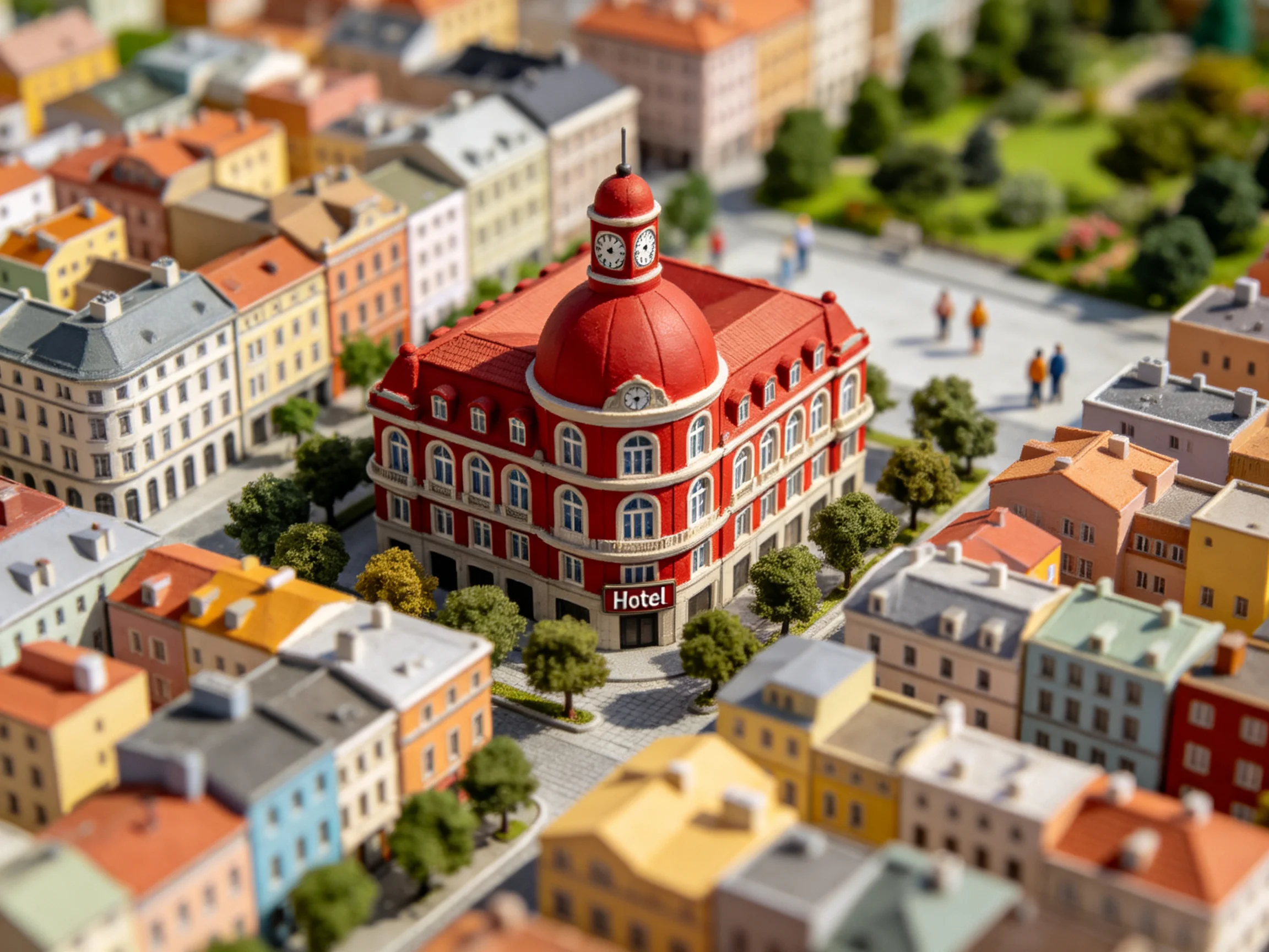 A vibrant miniature city with a central red hotel building surrounded by multicolored structures